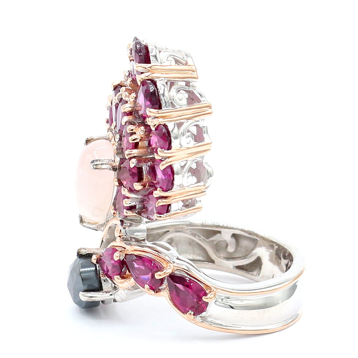 Gems en Vogue 8.92ctw Rose Quartz, Rhodolite & Hematite Fan Cluster Bypass Ring