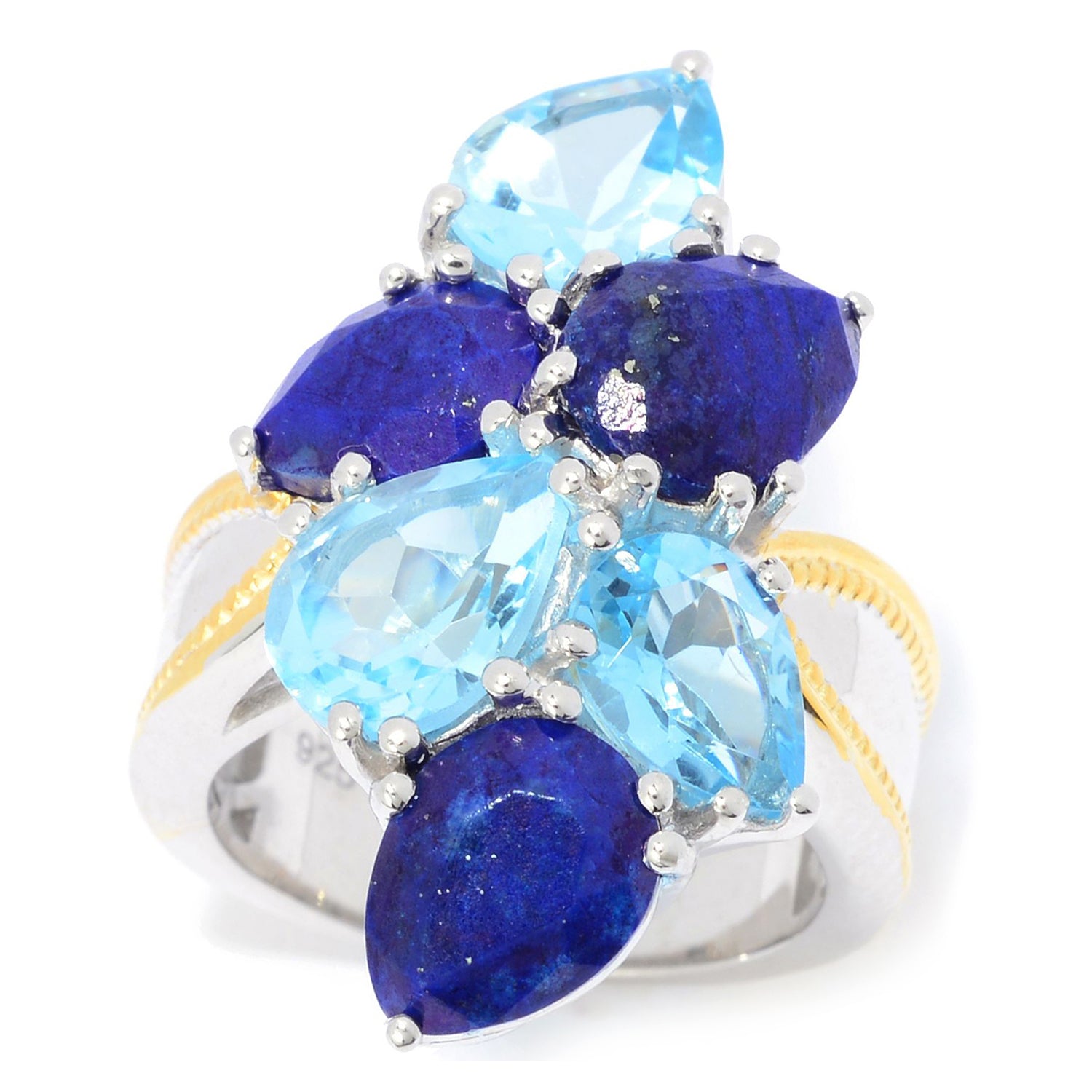Gems en Vogue 24K Palladium Silver 9.01ctw Lapis & Swiss Blue Topaz Cluster Ring