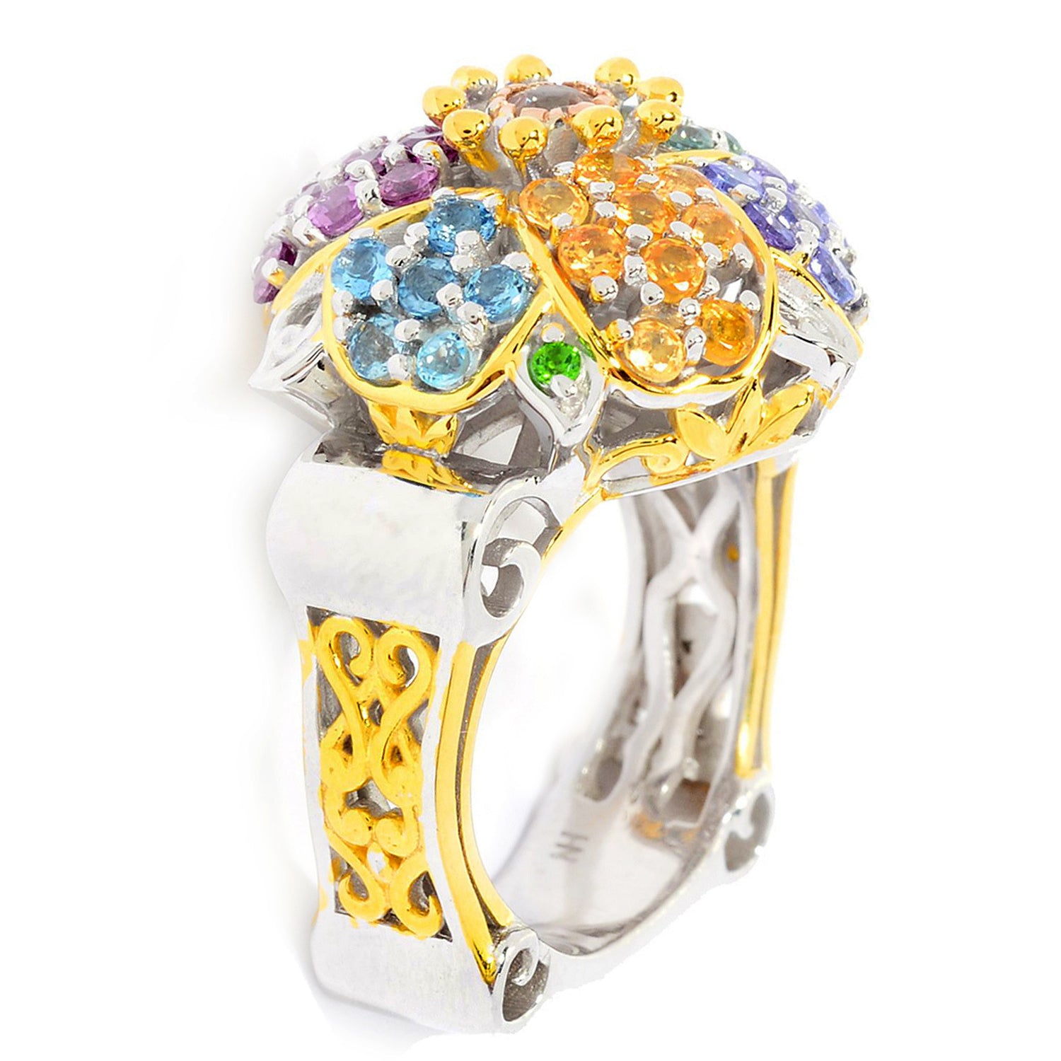 Gems en Vogue 2.19ctw Multi Gemstones Exotic Pave Cluster Flower Ring