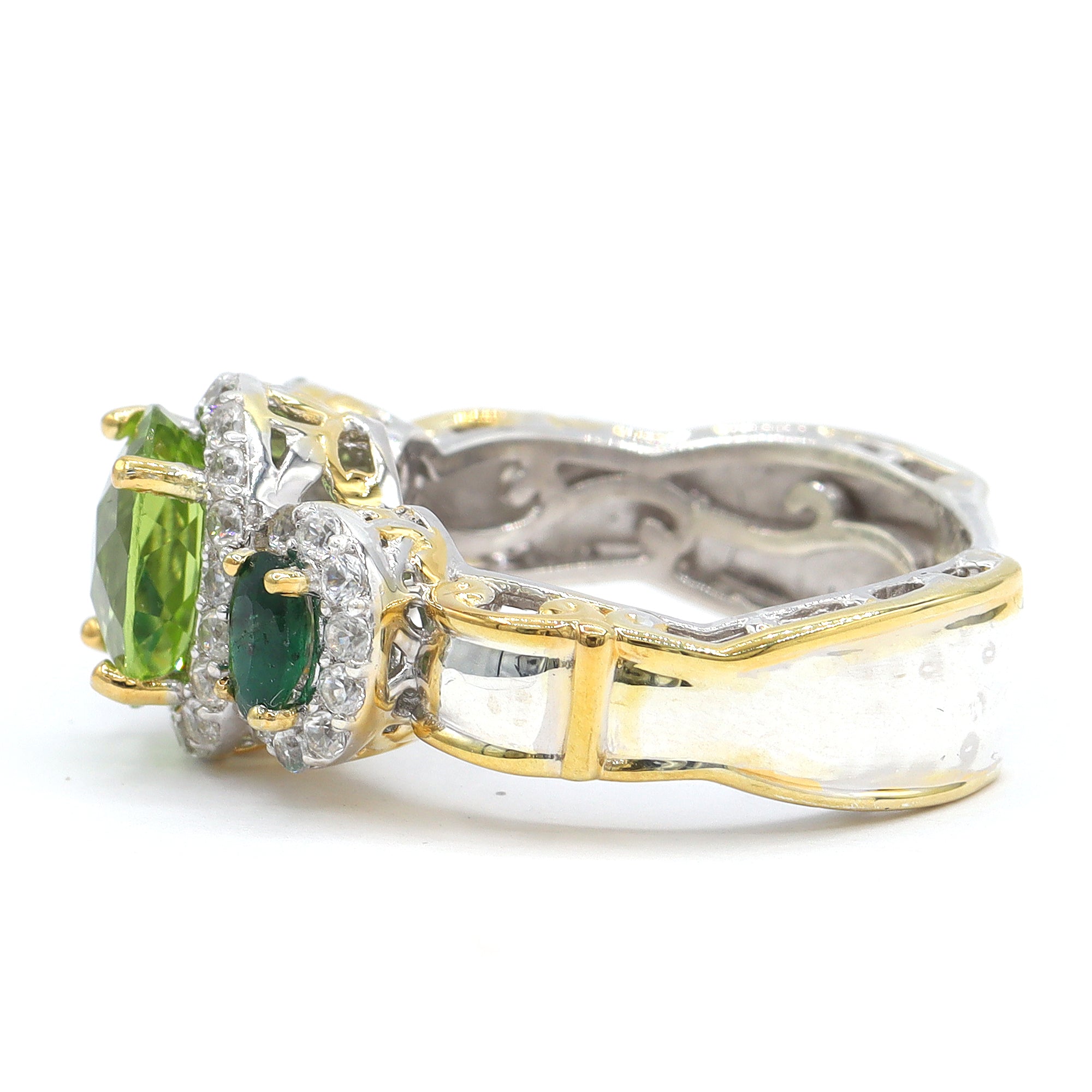 Bague marquise Gems en Vogue à cinq pierres en péridot 4,55 carats, topaze Paraíba et émeraude, pièce unique