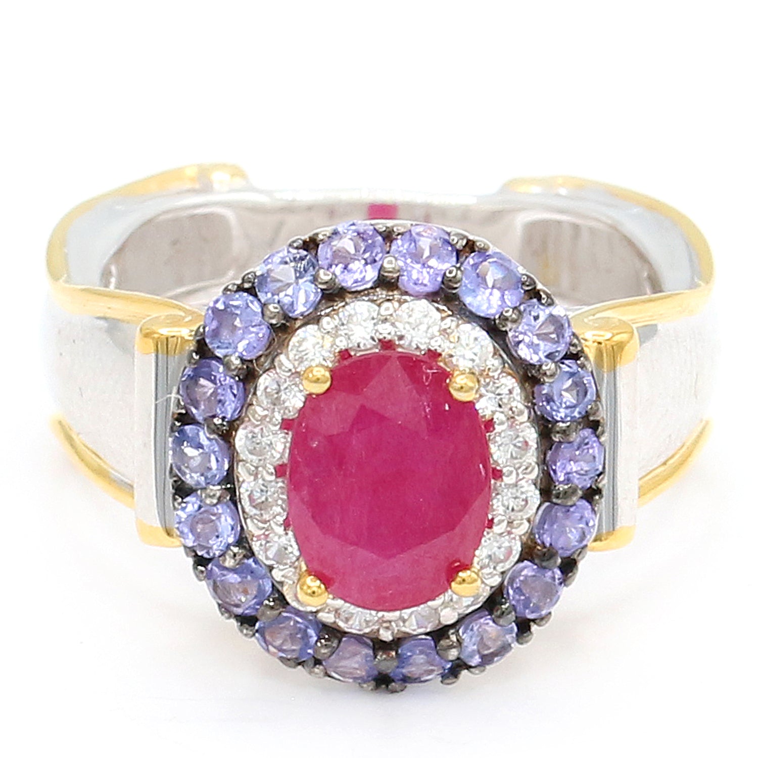 Gems en Vogue 2.53ctw Ruby, Tanzanite & White Zircon Double Halo Ring