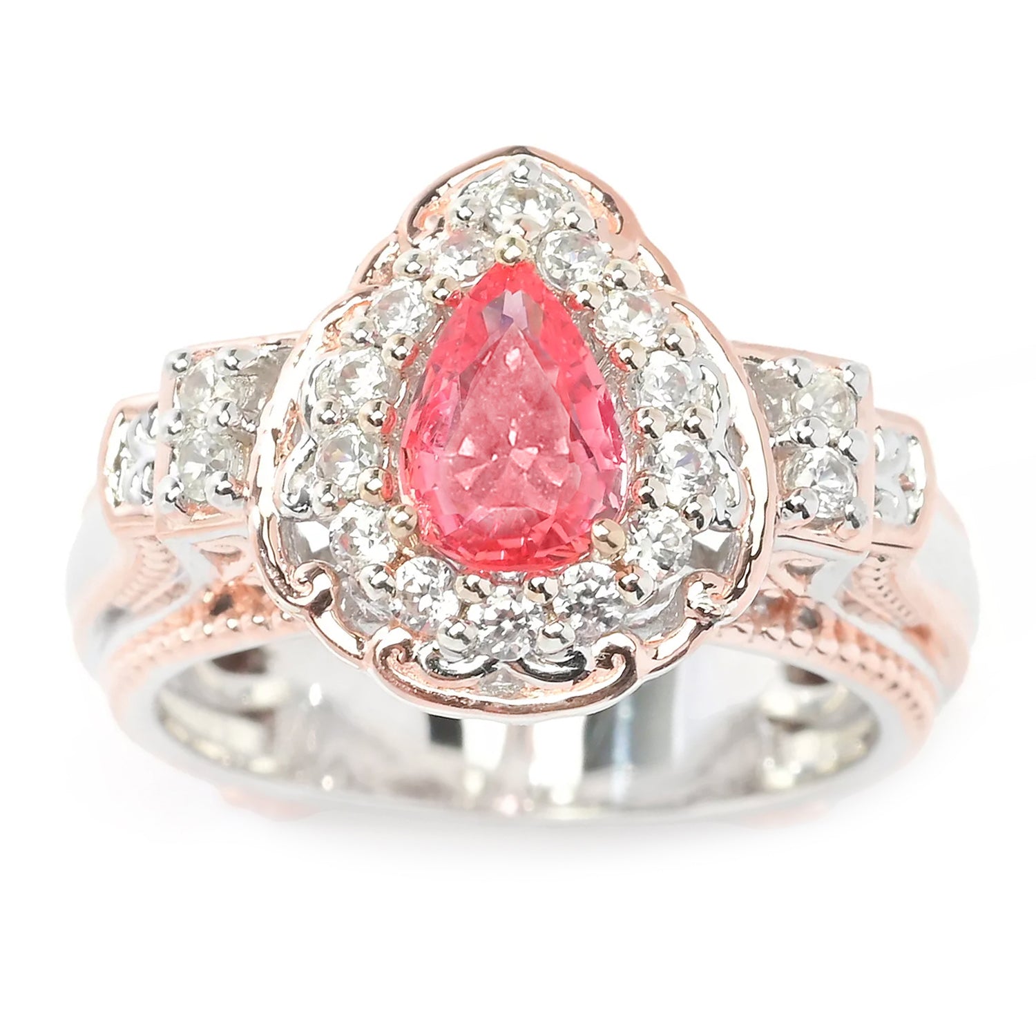 Gems en Vogue 1.64ctw Pearshaped Padparadscha Sapphire & White Zircon Halo Ring
