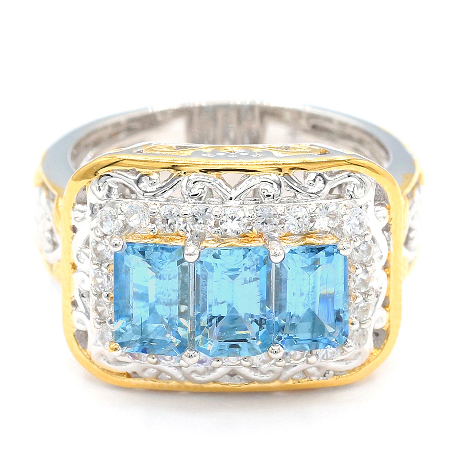 Gems en Vogue 2.22ctw Tanzanian Aquamarine & White Zircon Three Stone Ring