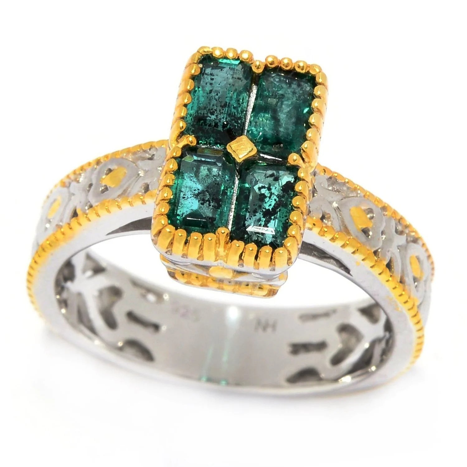 Gems en Vogue 0.92ctw Step Cut Rectangular Grizzly Emerald 4-Stone Ring