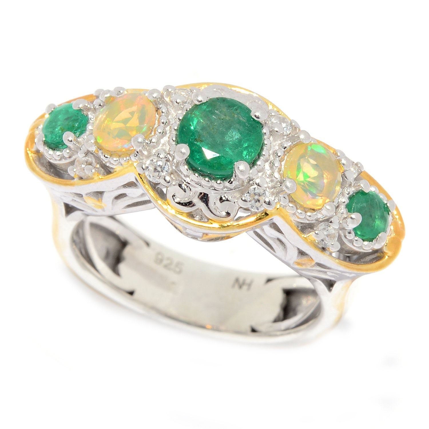 Gems en Vogue 1.31ctw Grizzly Emerald Ethiopian Opal & White Zircon Graduated Ring