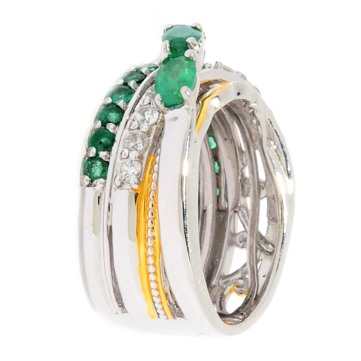 Gems en Vogue 2.21ctw Grizzly Emerald & White Zircon Highway Ring