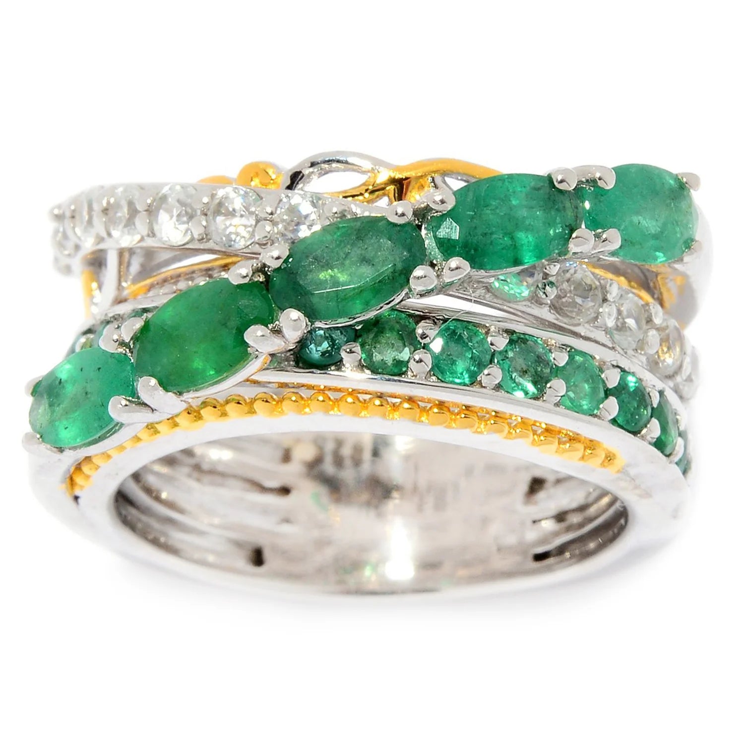 Gems en Vogue 2.21ctw Grizzly Emerald & White Zircon Highway Ring