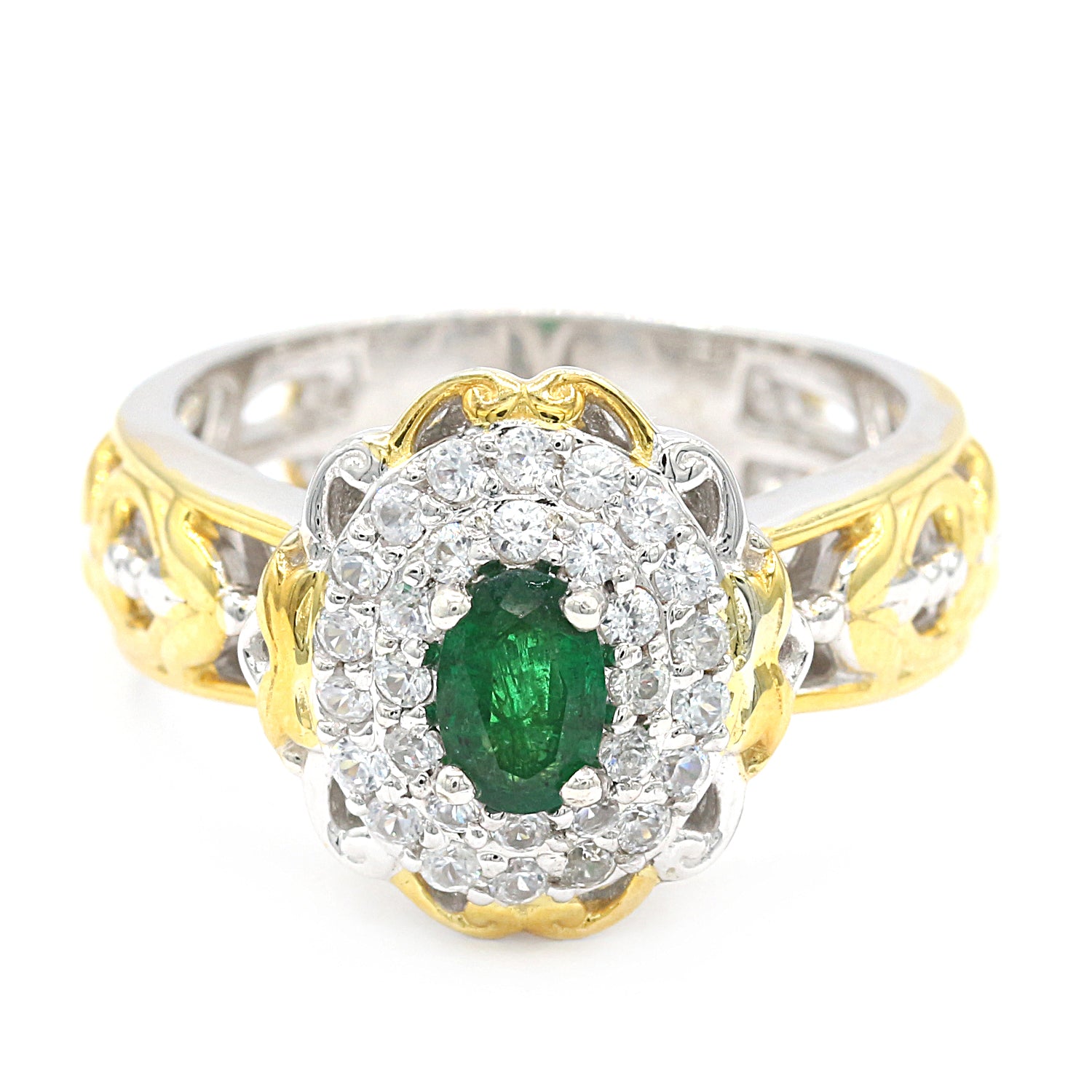 Gems en Vogue 1.38ctw Grizzly Emerald & White Zircon Double Halo Ring