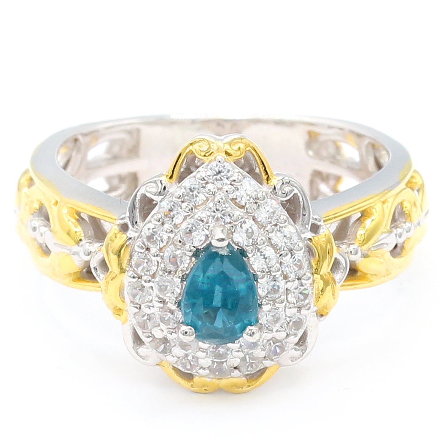 Gems en Vogue 1.62ctw Teal Kyanite & White Zircon Double Halo Ring