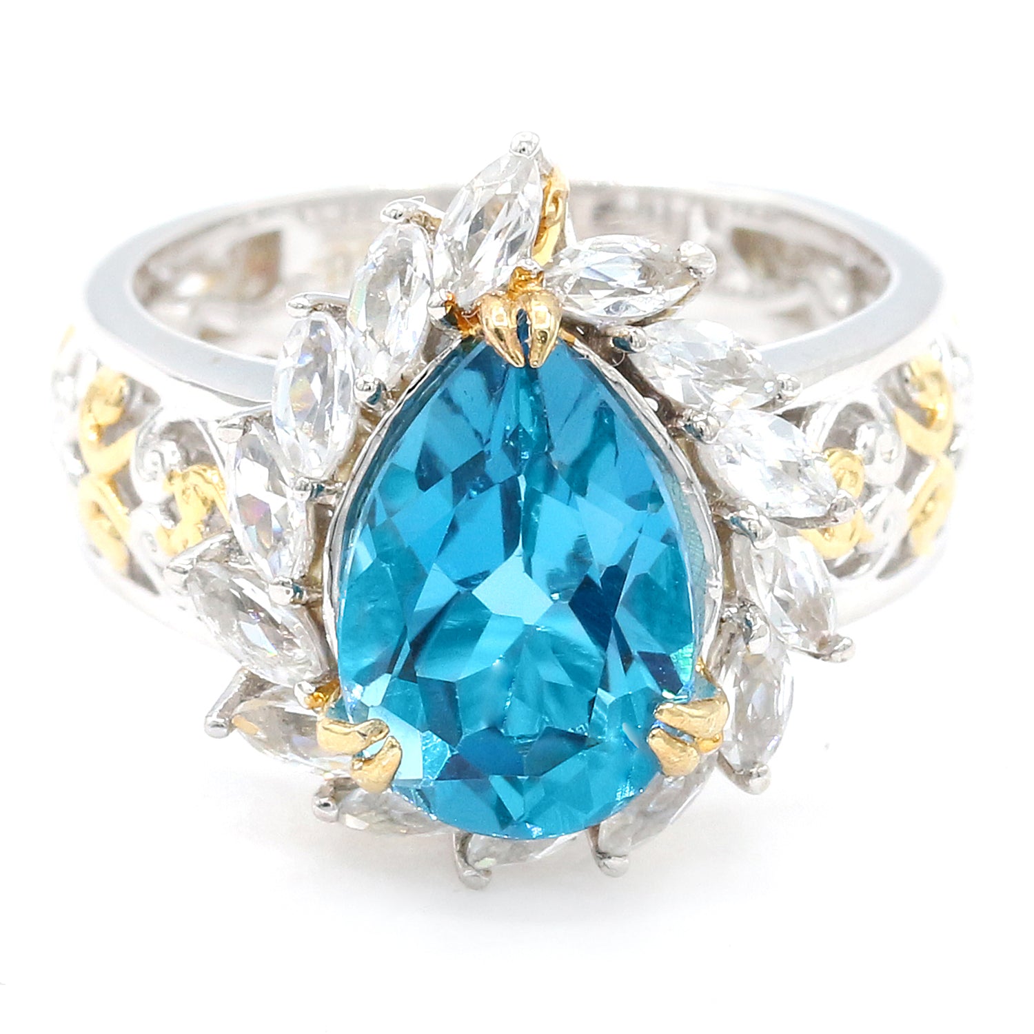 Gems en Vogue 6.39ctw Pearshaped London Blue Topaz & White Zircon Halo Ring