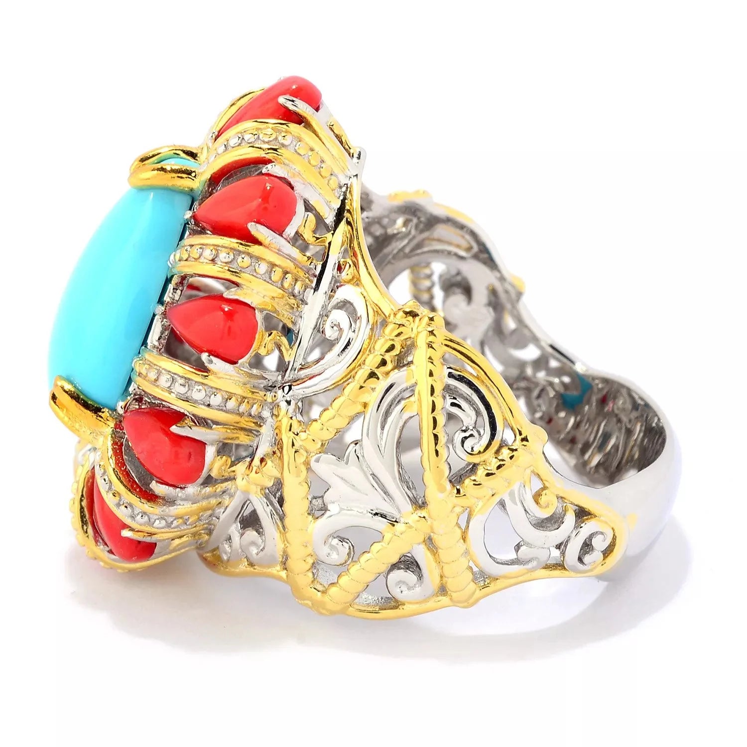 Gems en Vogue Sleeping Beauty Turquoise & Red Coral Pear Halo Ring