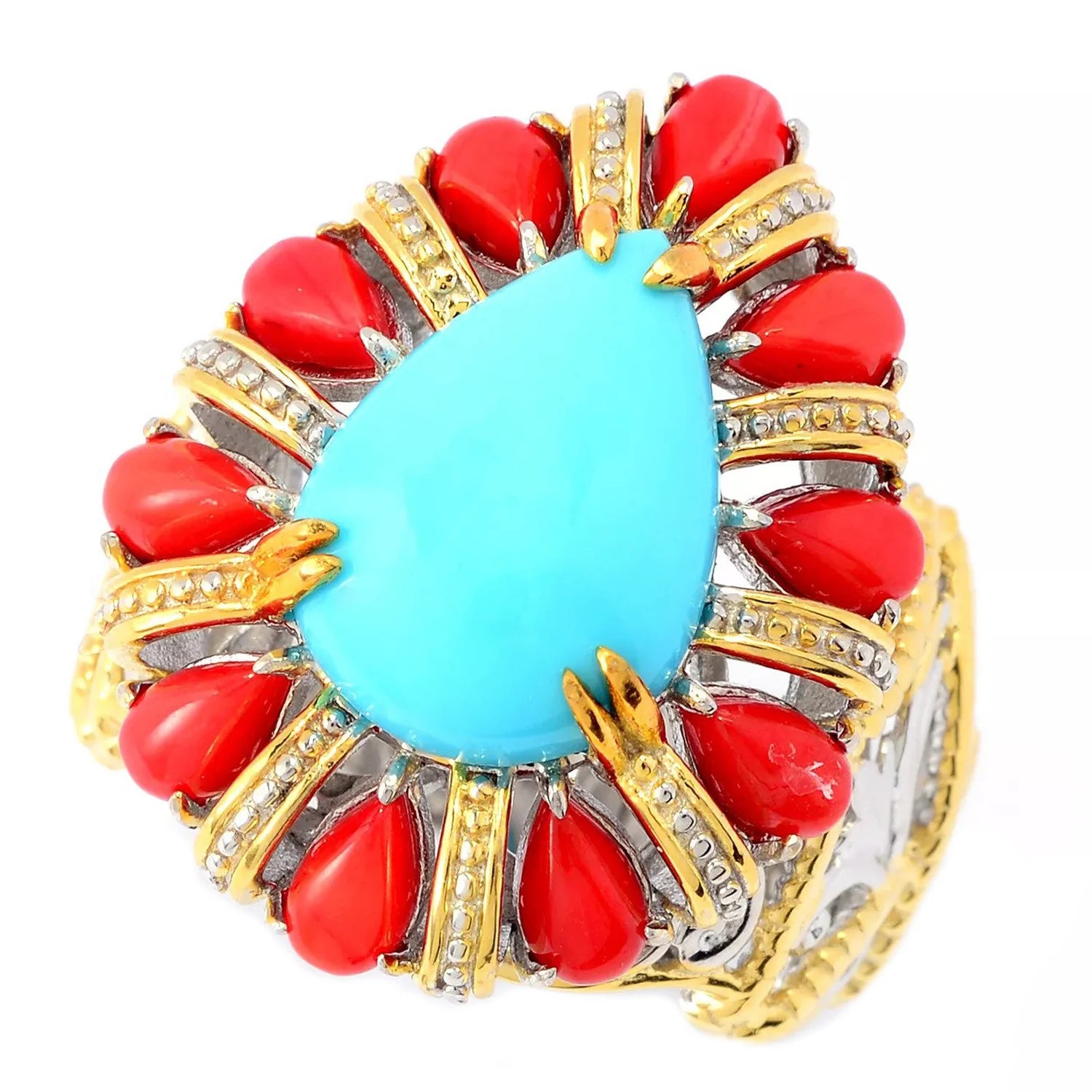 Gems en Vogue Sleeping Beauty Turquoise & Red Coral Pear Halo Ring