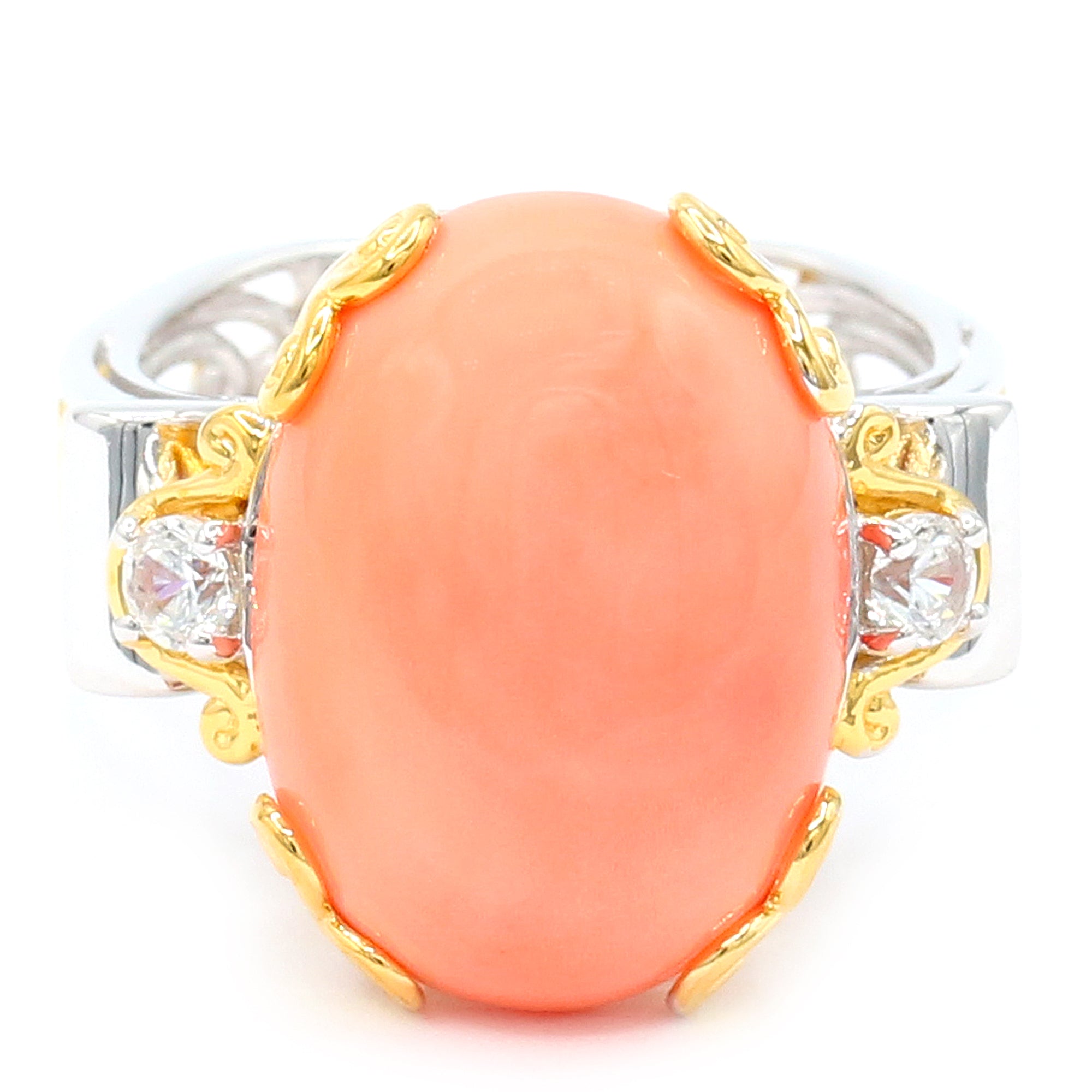 Gems en Vogue 24K Palladium Silver Salmon Coral & White Zircon Ring