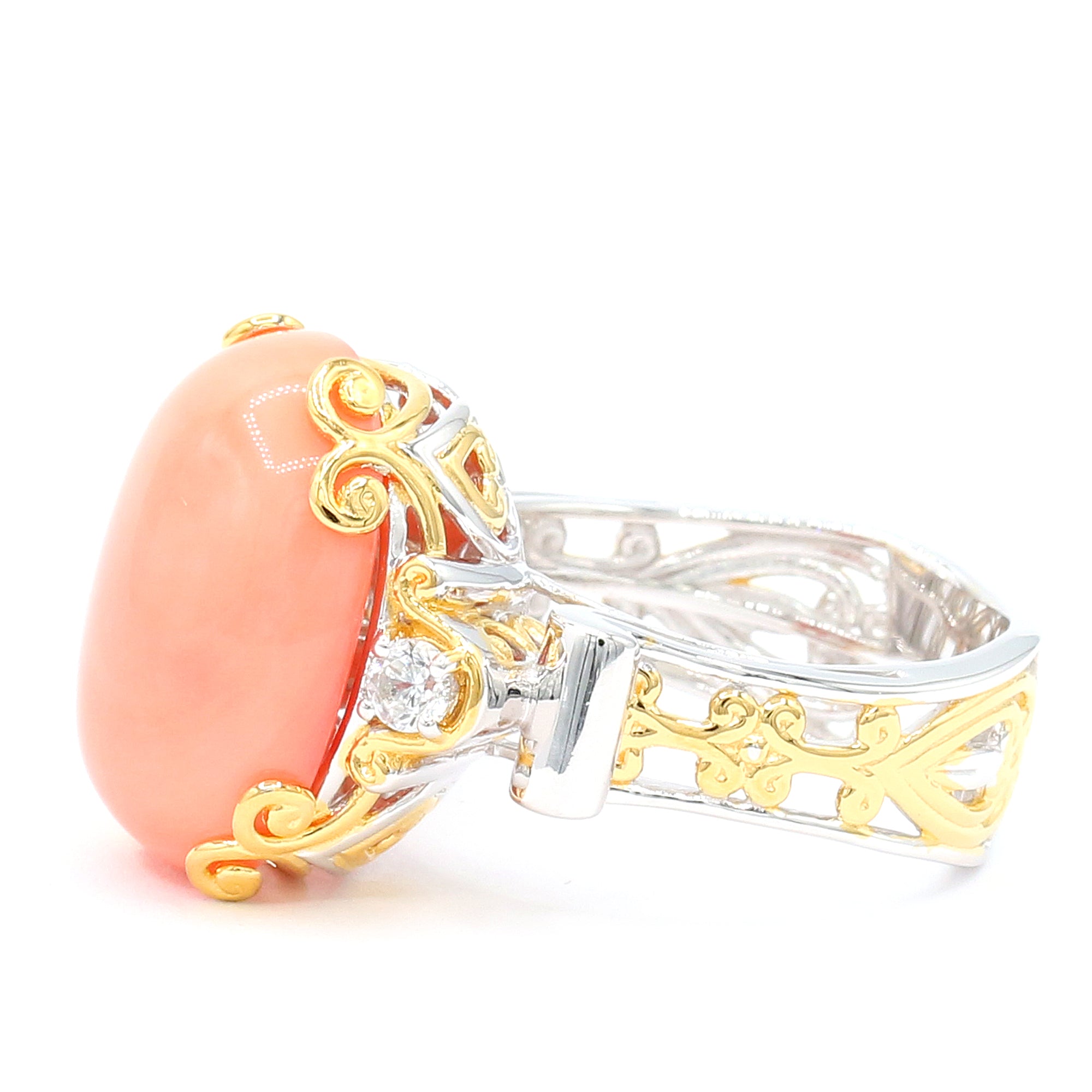 Gems en Vogue 24K Palladium Silver Salmon Coral & White Zircon Ring