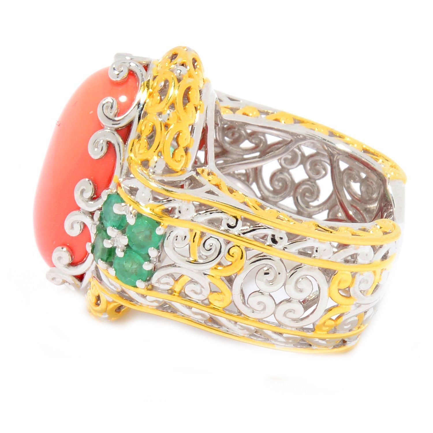 Gems en Vogue Salmon Coral & Zambian Emerald Cocktail Ring
