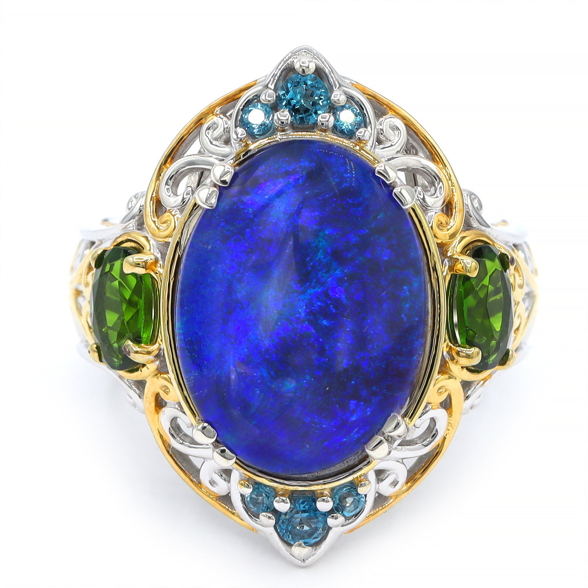 Bague paon Gems en Vogue pièce unique en opale australienne aurore triplet, diopside chromé en argent et palladium 24 carats