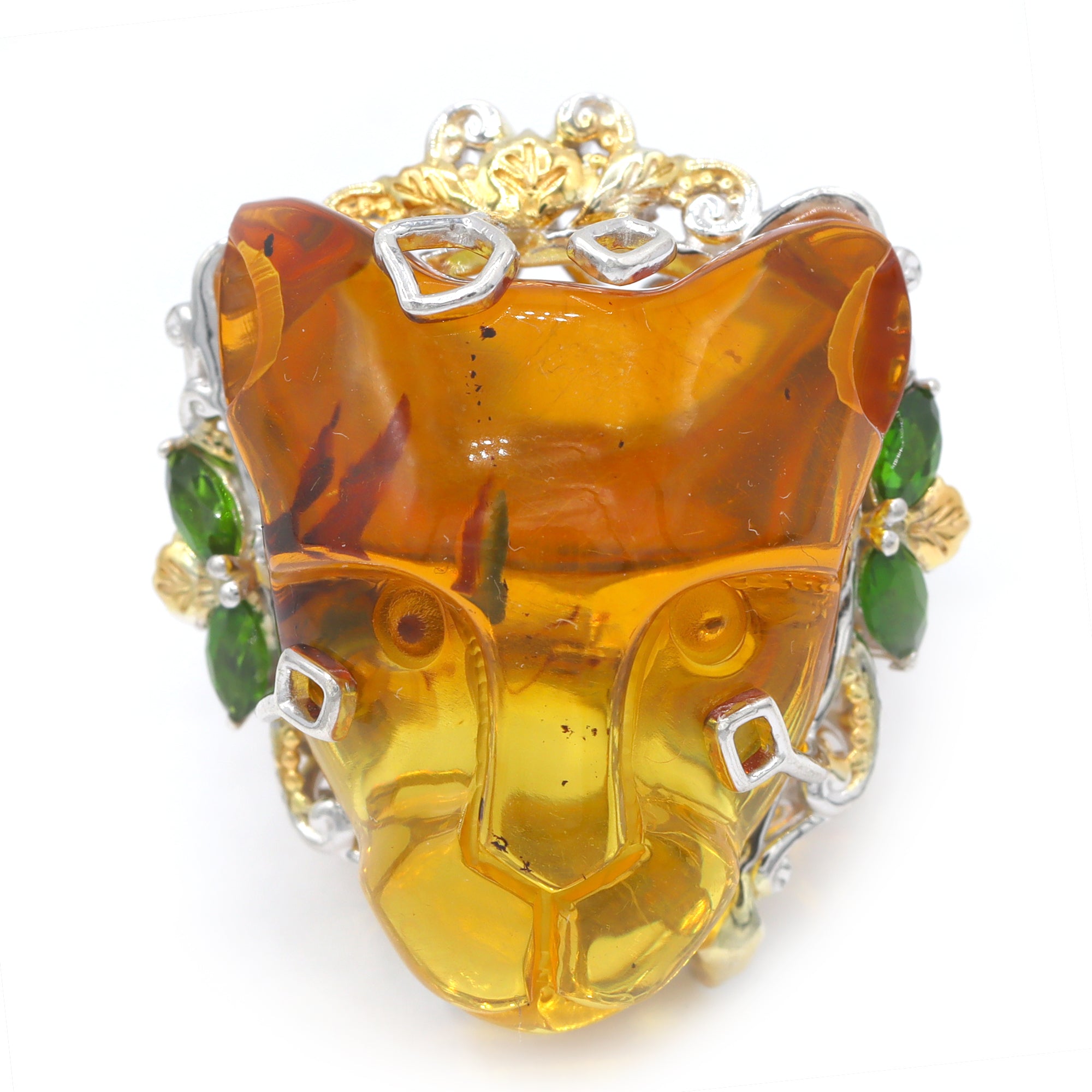 Gems en Vogue 24K Palladium Silver Bi-Color Yellow Amber & Chrome Diopside Panther Ring