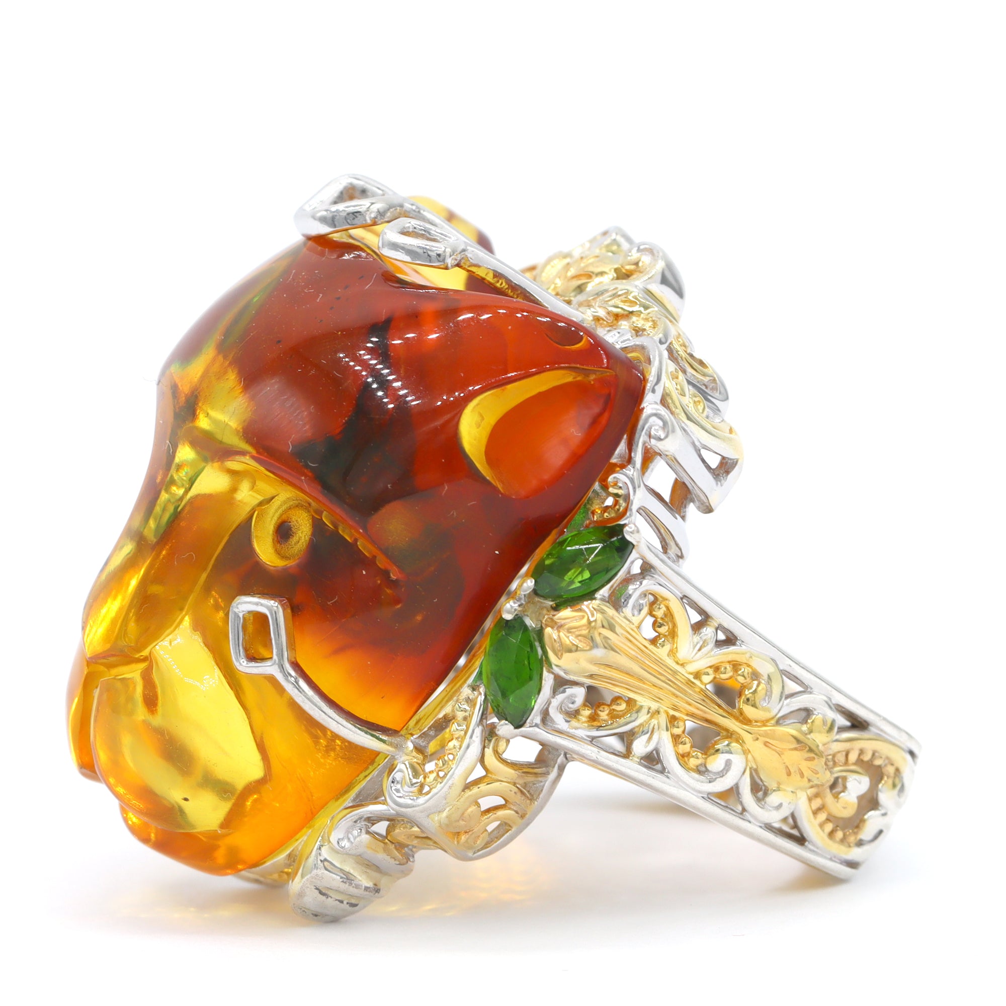 Gems en Vogue 24K Palladium Silver Bi-Color Yellow Amber & Chrome Diopside Panther Ring