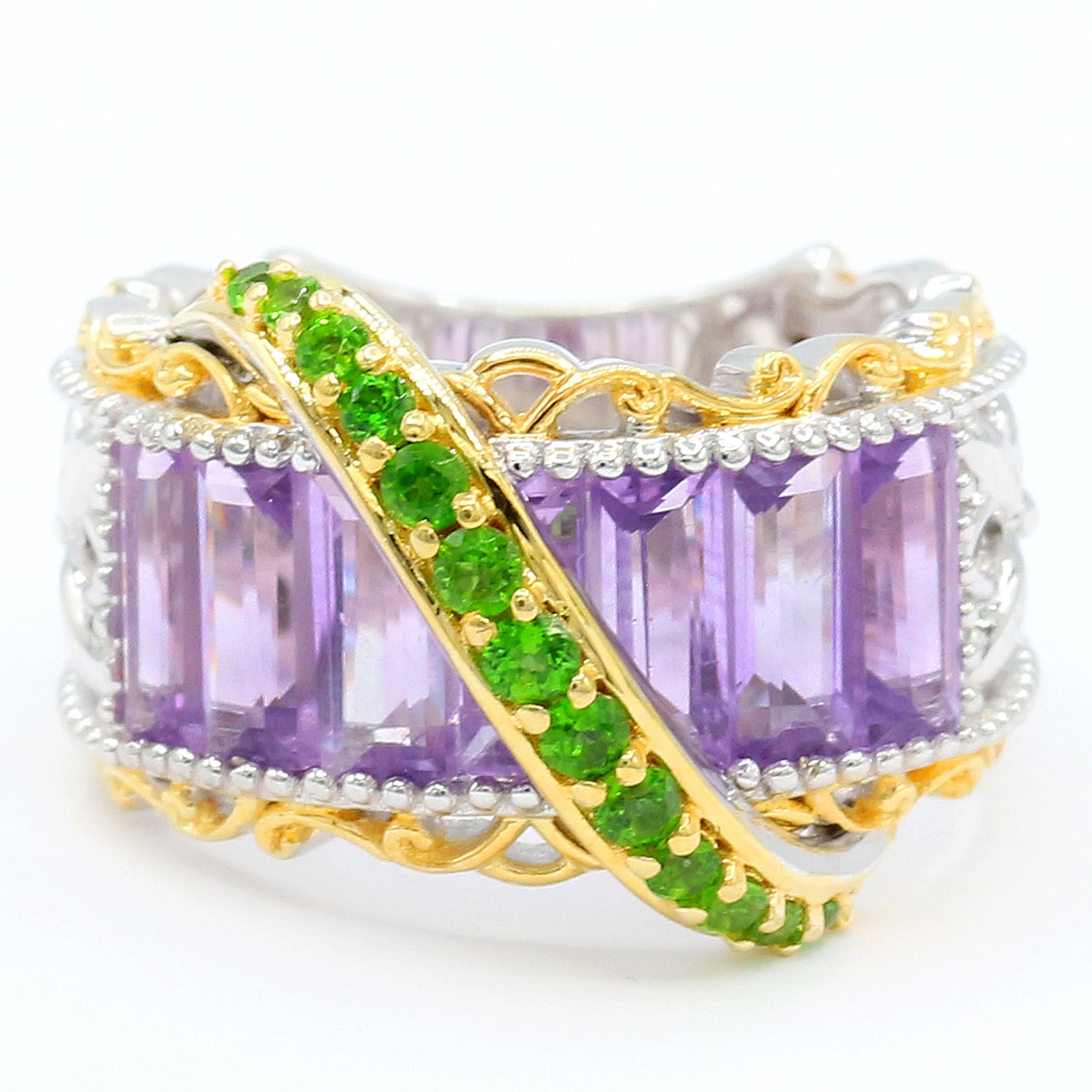 Gems en Vogue 4.53ctw Brazilian Amethyst & Chrome Diopside Highway Ring