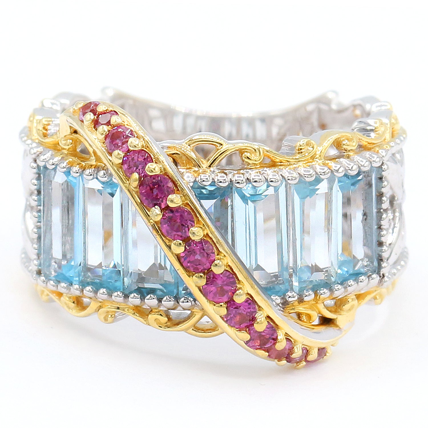 Gems en Vogue 3.68ctw Blue Topaz & Rhodolite Garnet Highway Ring