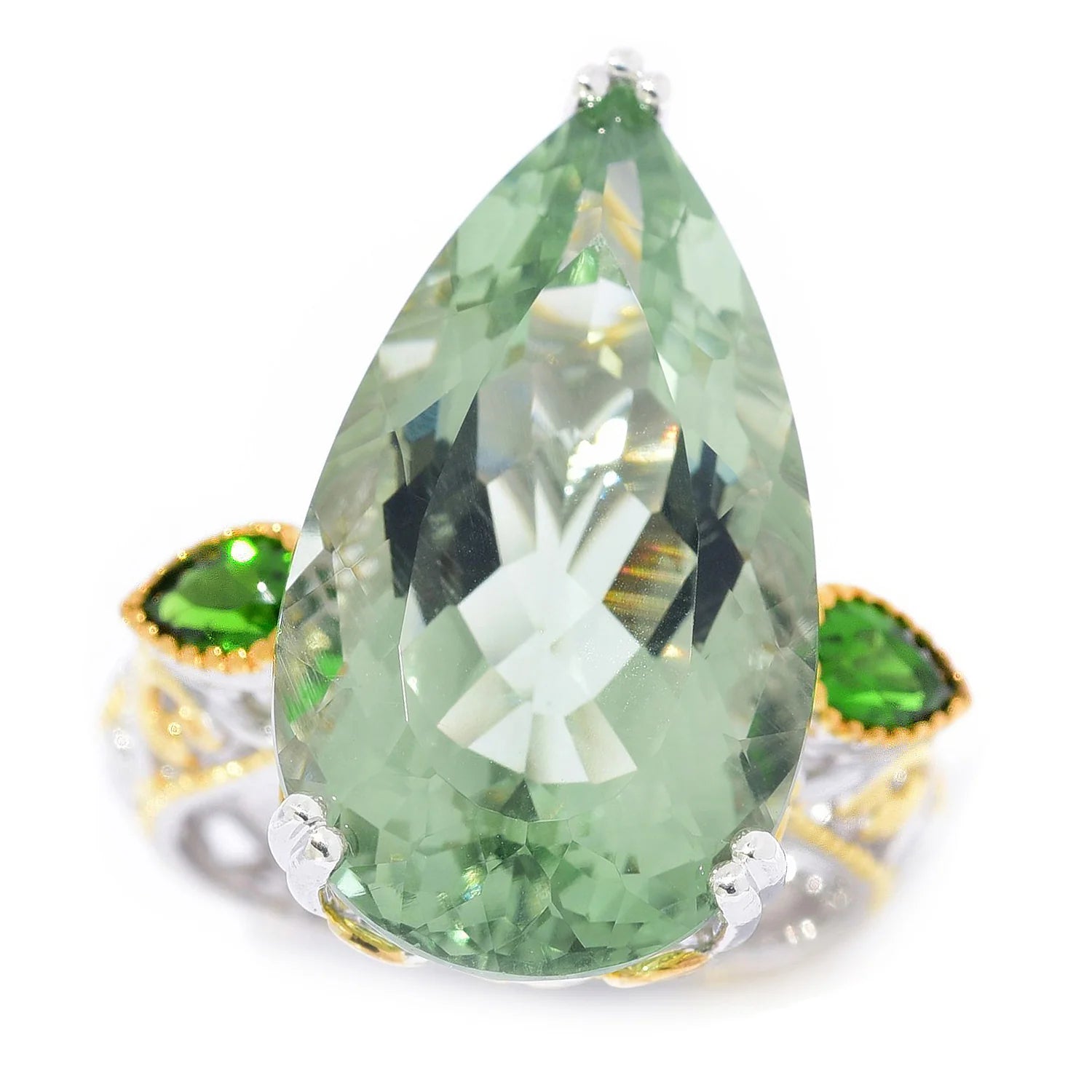 Gems en Vogue 13.95ctw Pearshaped Prasiolite & Chrome Diopside Ring