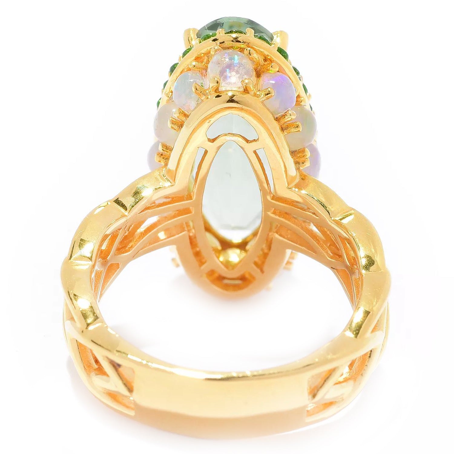 Hall of Jewels 8.81ctw Prasiolite, Chrome Diopside & Ethiopian Opal Woven Shank Ring