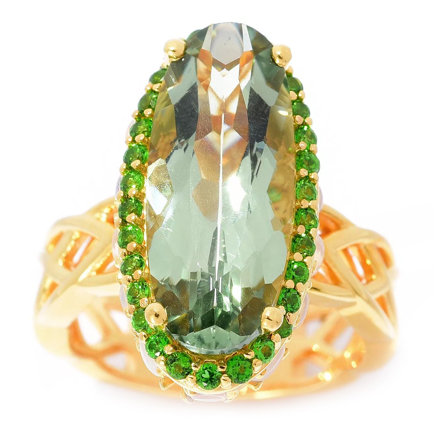 Hall of Jewels 8.81ctw Prasiolite, Chrome Diopside & Ethiopian Opal Woven Shank Ring