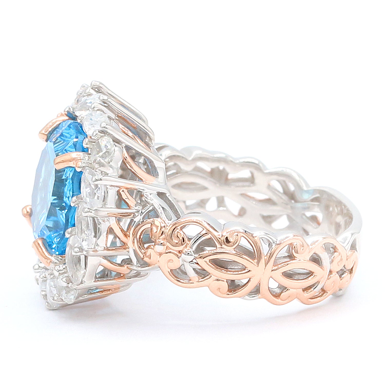 Gems en Vogue 8.10ctw Quasar Special Cut Swiss Blue Topaz & White Zircon Halo Ring