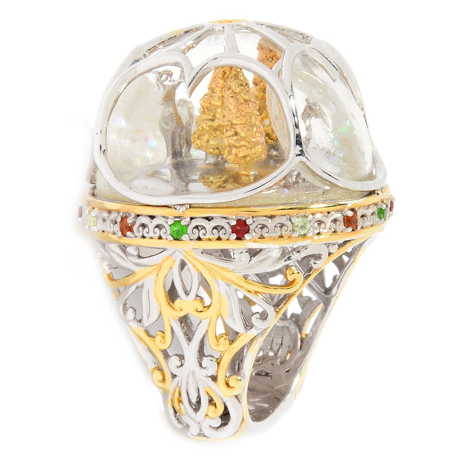 Bague de Noël Gems en Vogue Cerf et Arbres, Boule à Neige et Pierres Précieuses Multiples