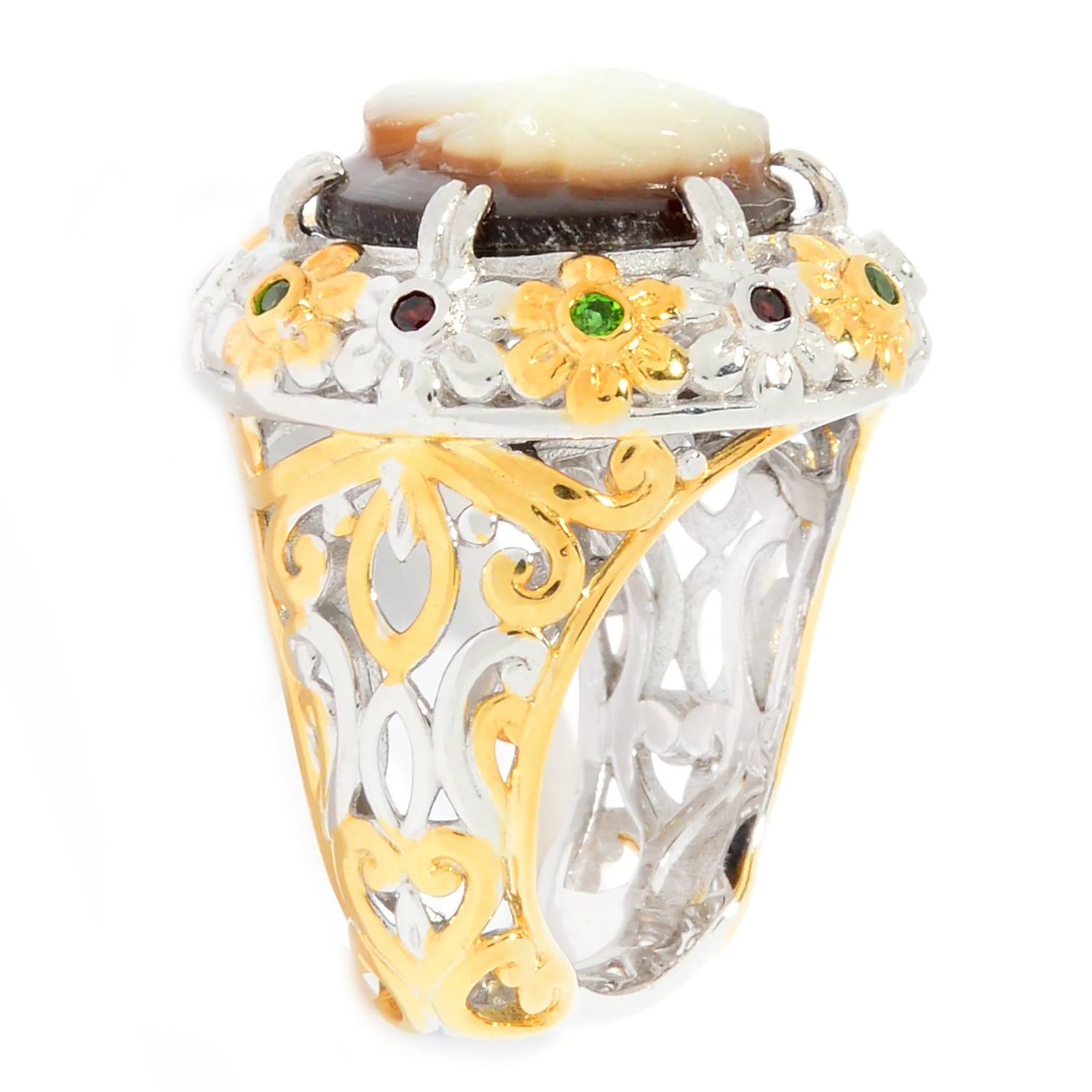 Gems en Vogue Tahitian Shell Cameo, Garnet & Chrome Diopside Lady Portrait Ring