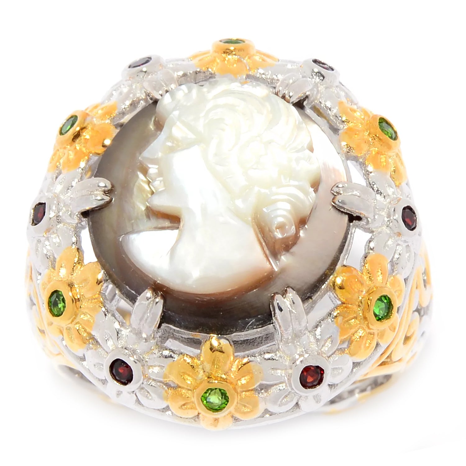 Gems en Vogue Tahitian Shell Cameo, Garnet & Chrome Diopside Lady Portrait Ring