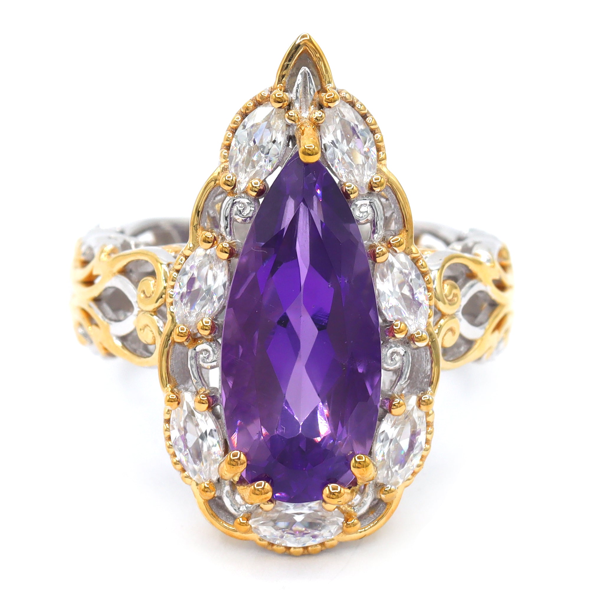 Gems en Vogue One-of-a-Kind 24K Palladium Silver 6.28ctw African Amethyst & White Zircon Halo Ring