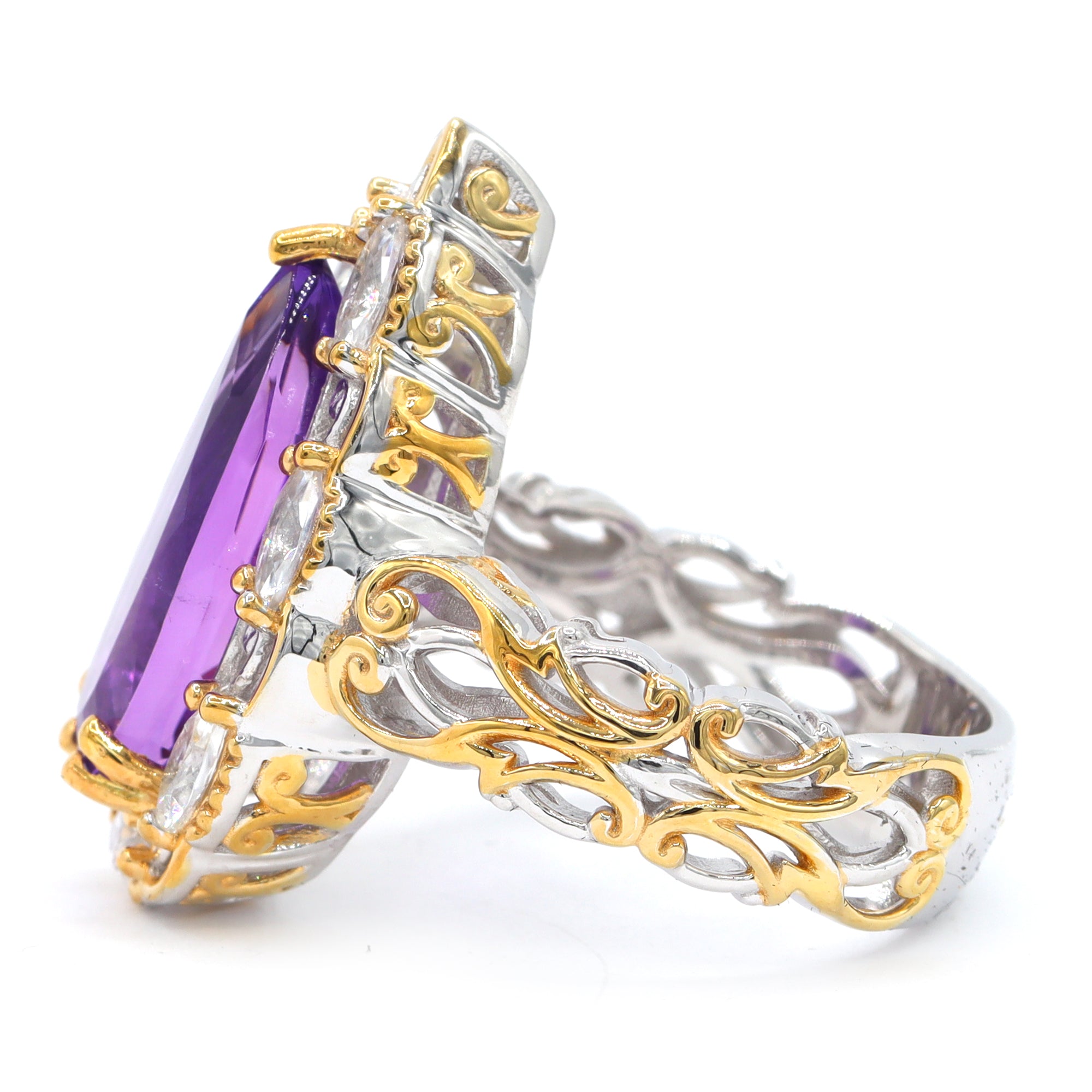 Gems en Vogue One-of-a-Kind 24K Palladium Silver 6.28ctw African Amethyst & White Zircon Halo Ring