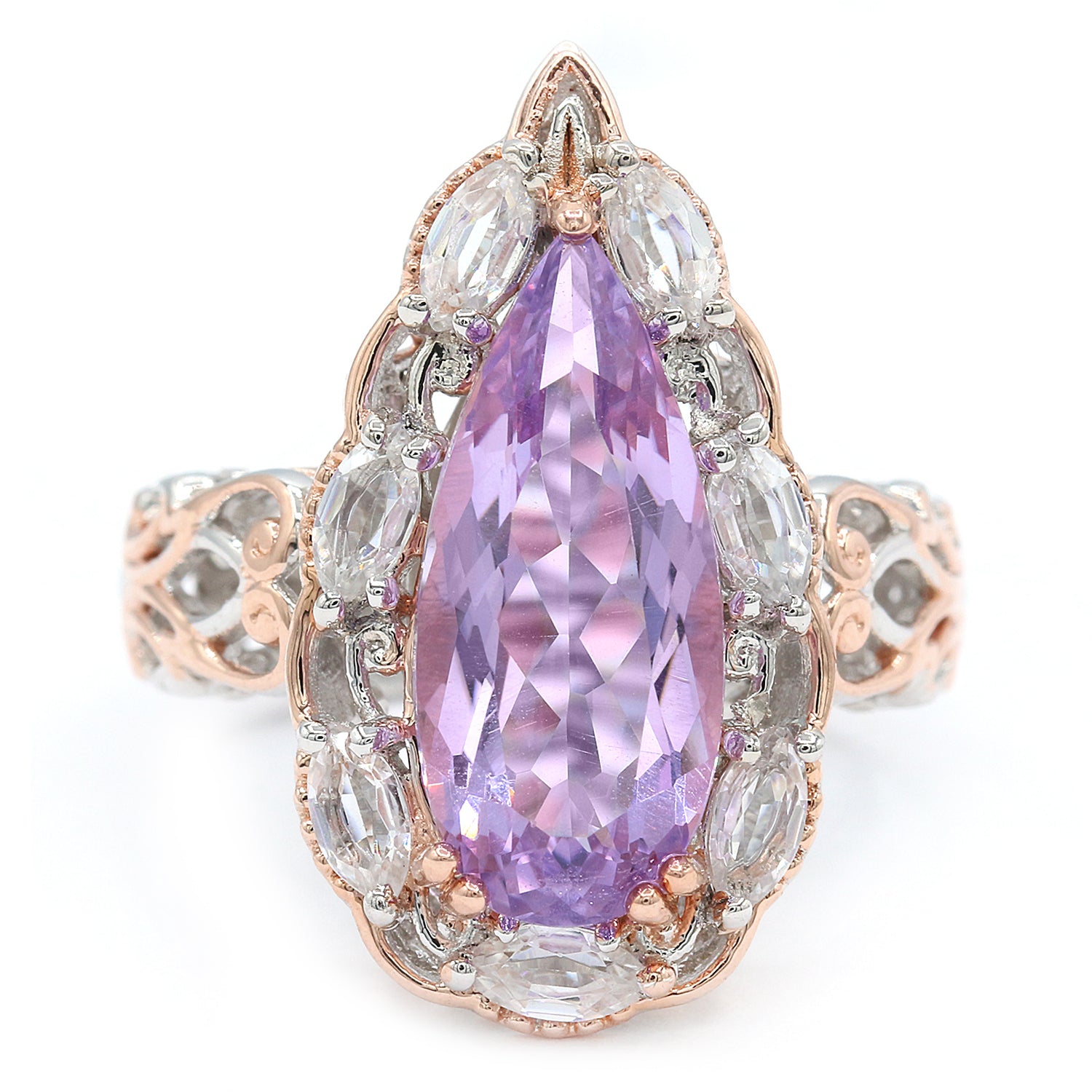 Gems en Vogue 5.90ctw Pearshaped Pink Amethyst & White Zircon Halo Ring