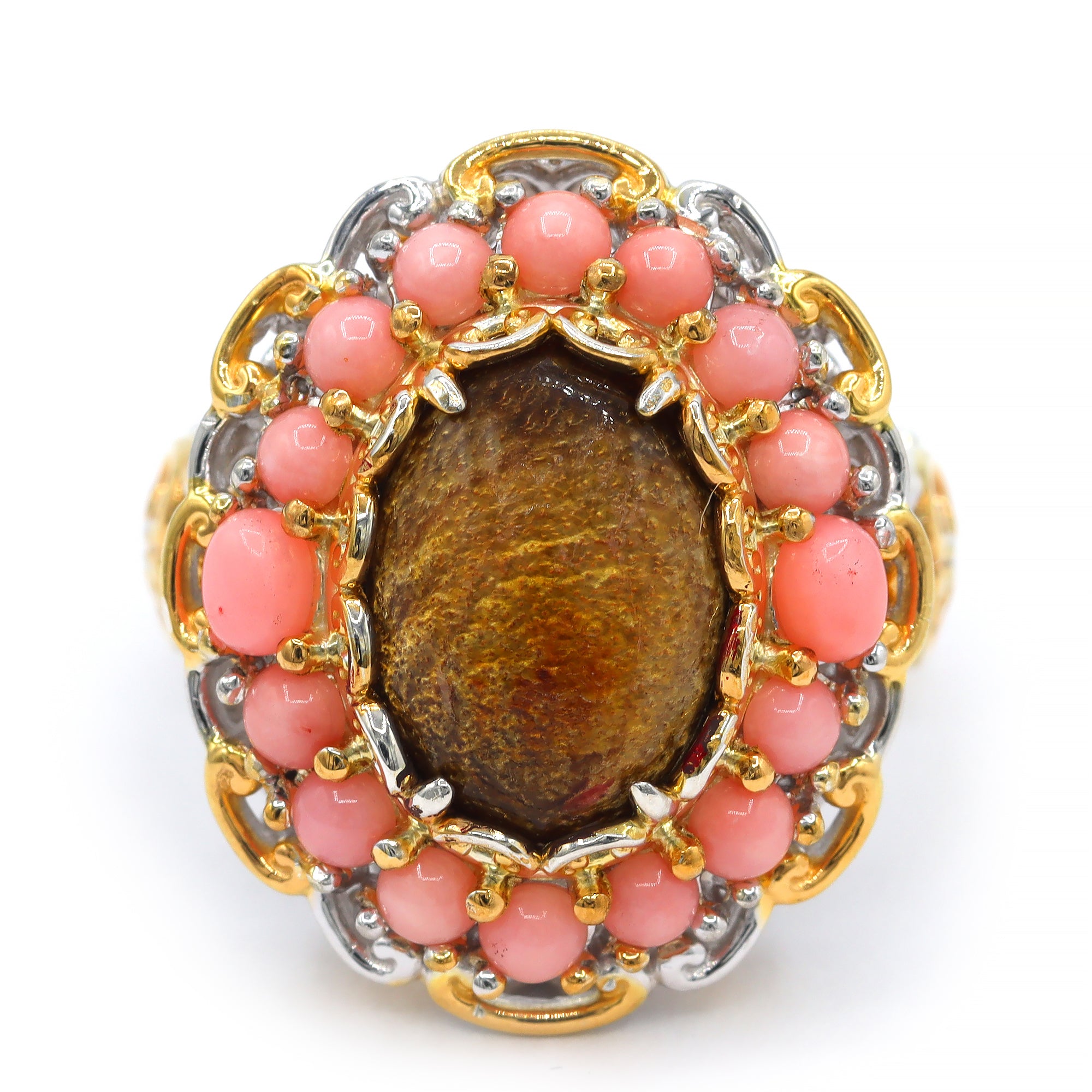 Gems en Vogue One-of-a-Kind 24K Palladium Silver Golden & Pink Coral Halo Ring