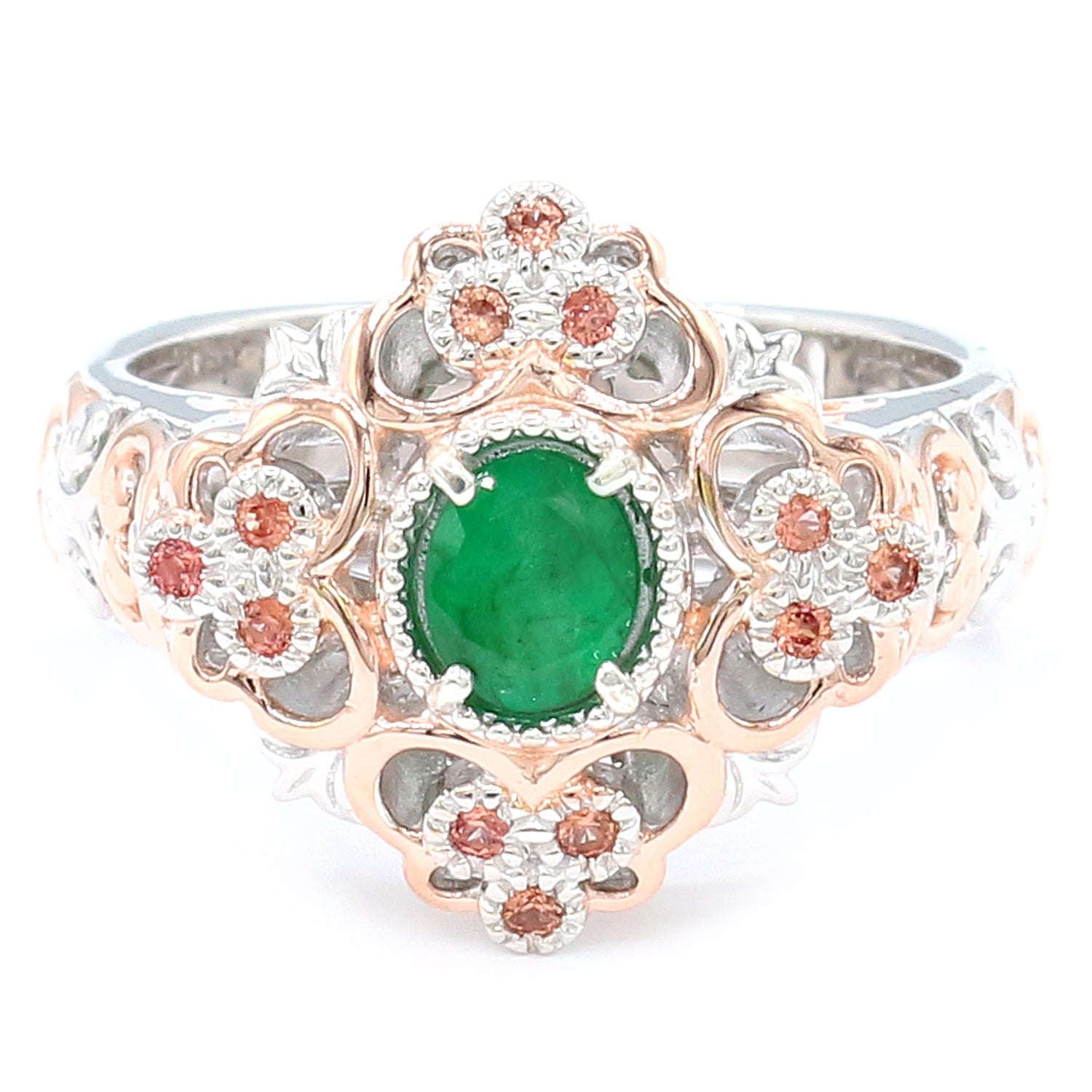 Gems en Vogue 0.78ctw Grizzly Emerald & Padparadscha Sapphire Ring