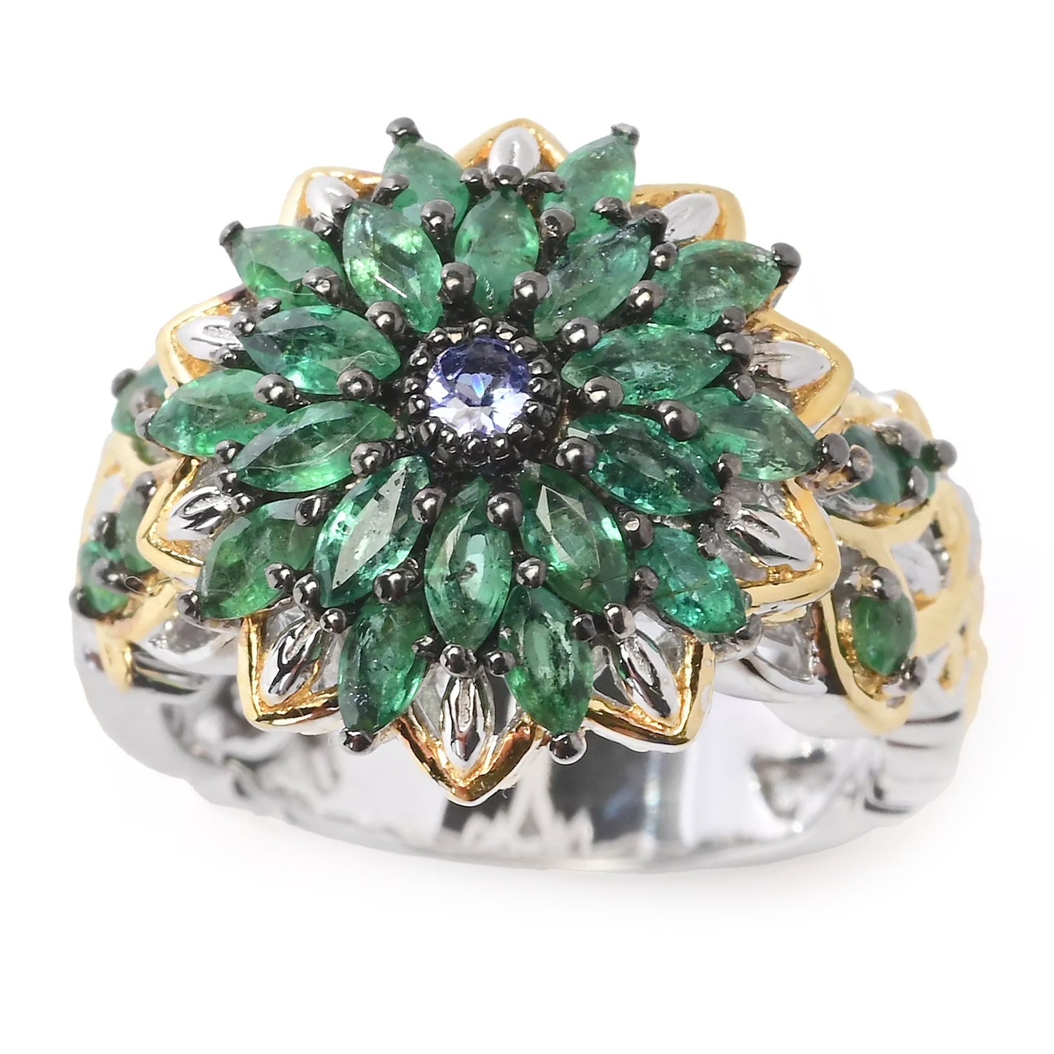 Gems en Vogue 1.64ctw Grizzly Emerald & Tanzanite Flower Ring