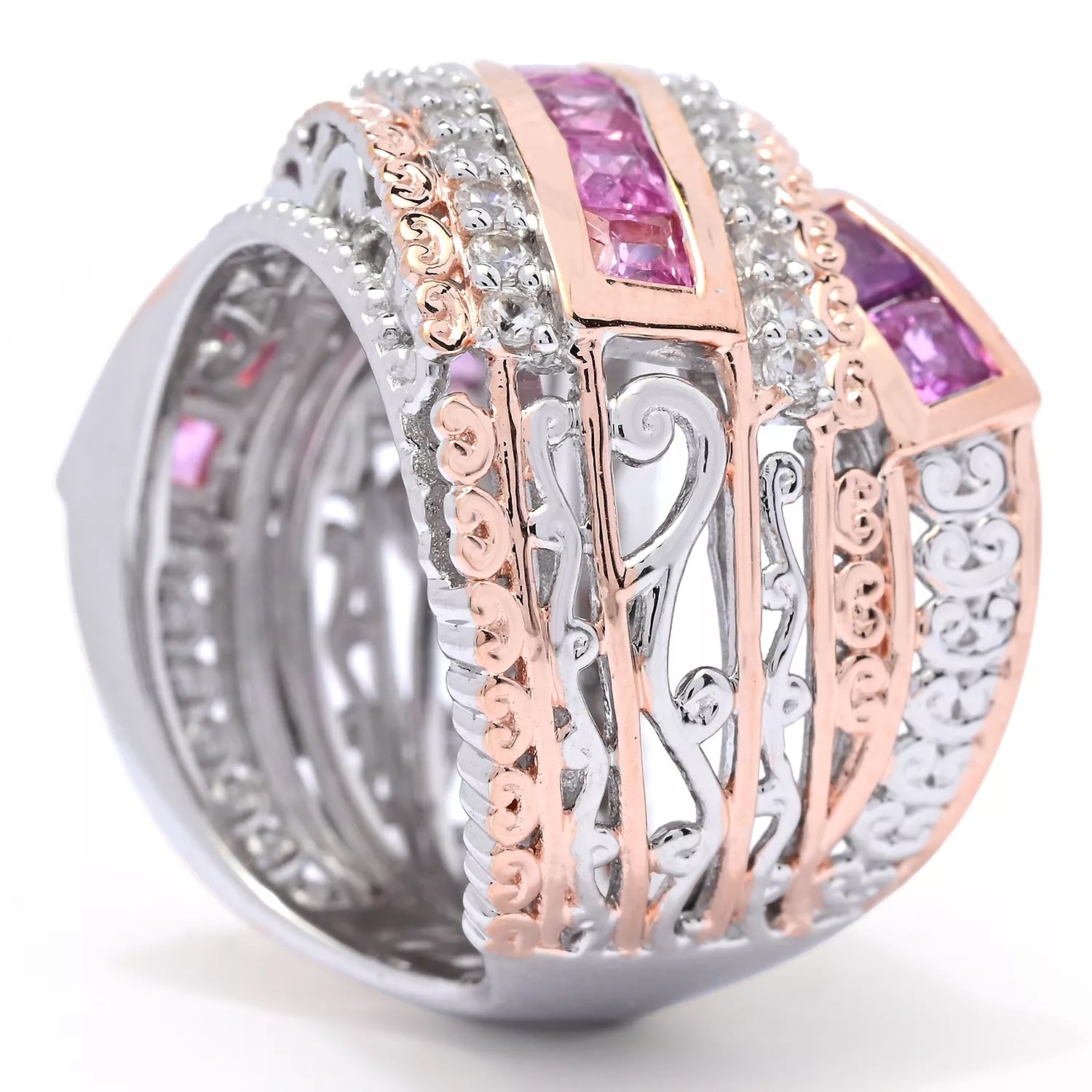 Gems en Vogue 3.13ctw Pink Sapphire & White Zircon Highway Ring