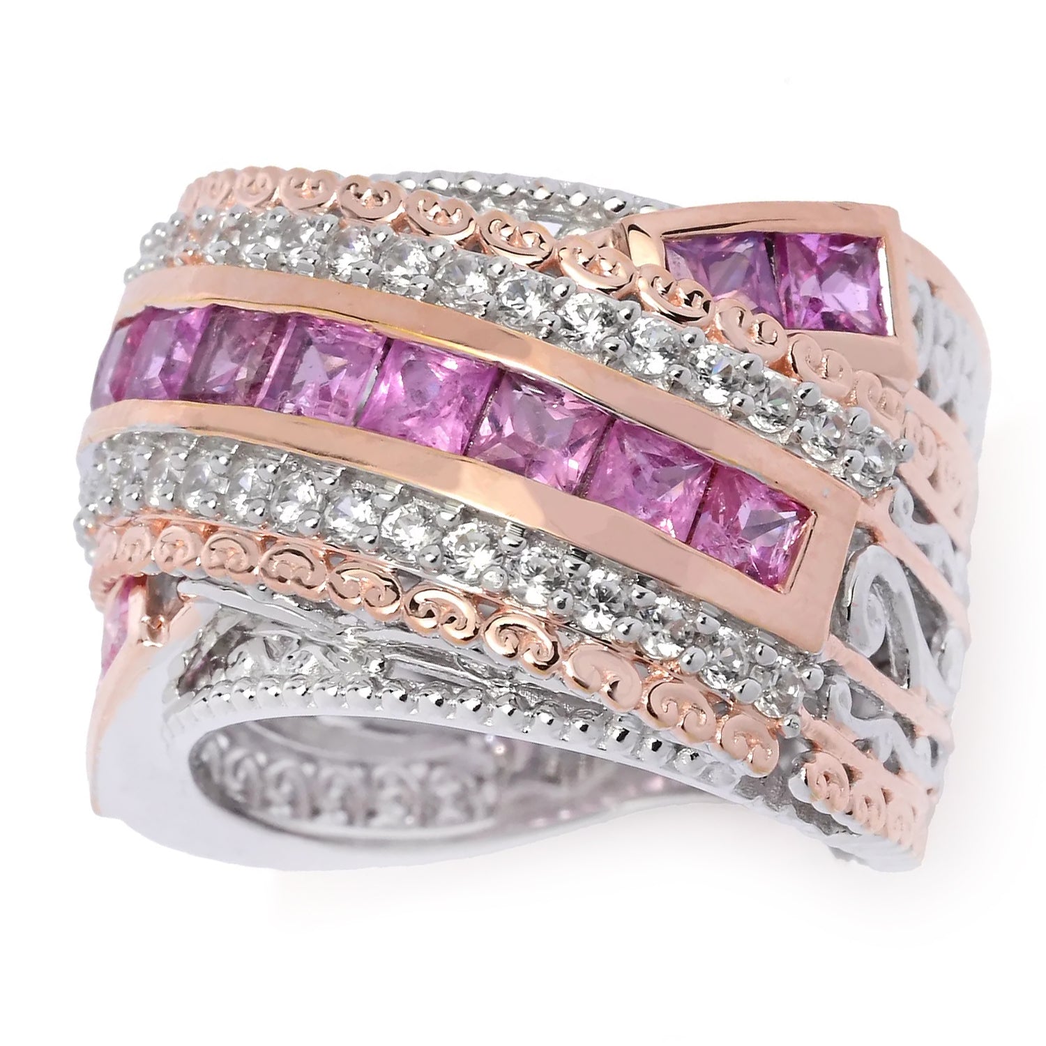 Gems en Vogue 3.13ctw Pink Sapphire & White Zircon Highway Ring