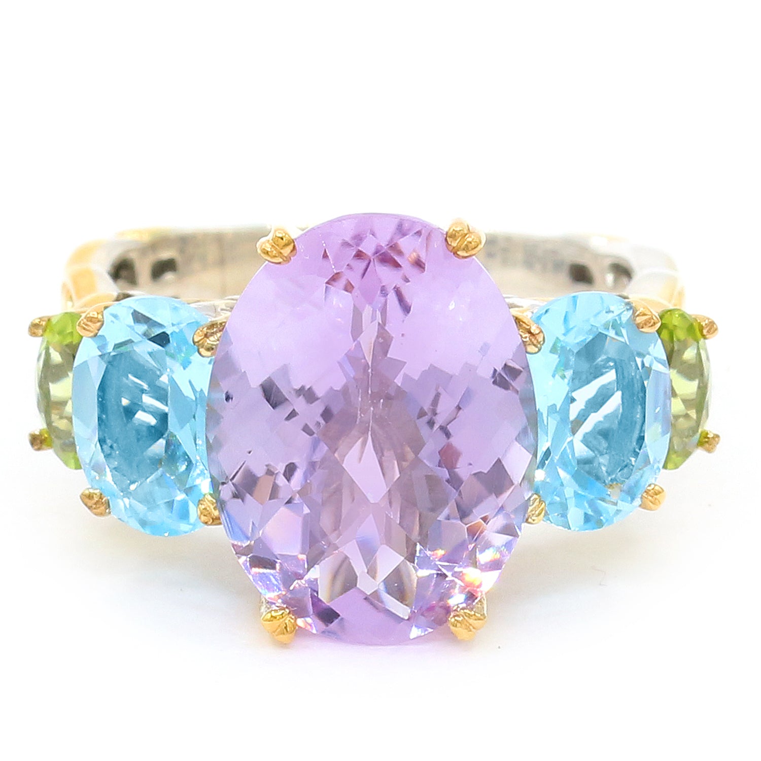 Gems en Vogue One-of-a-Kind 14.34ctw Pink Amethyst, Blue Topaz & Peridot Five Stone Ring