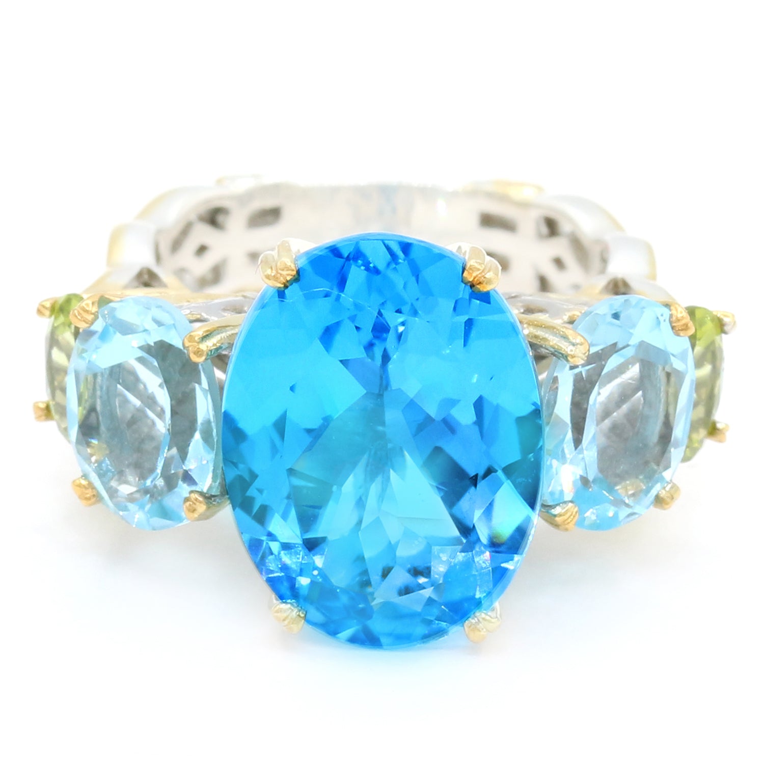 Gems en Vogue One-of-a-Kind 15.20ctw Super Swiss Blue Topaz, Sky Blue Topaz & Peridot Five Stone Ring