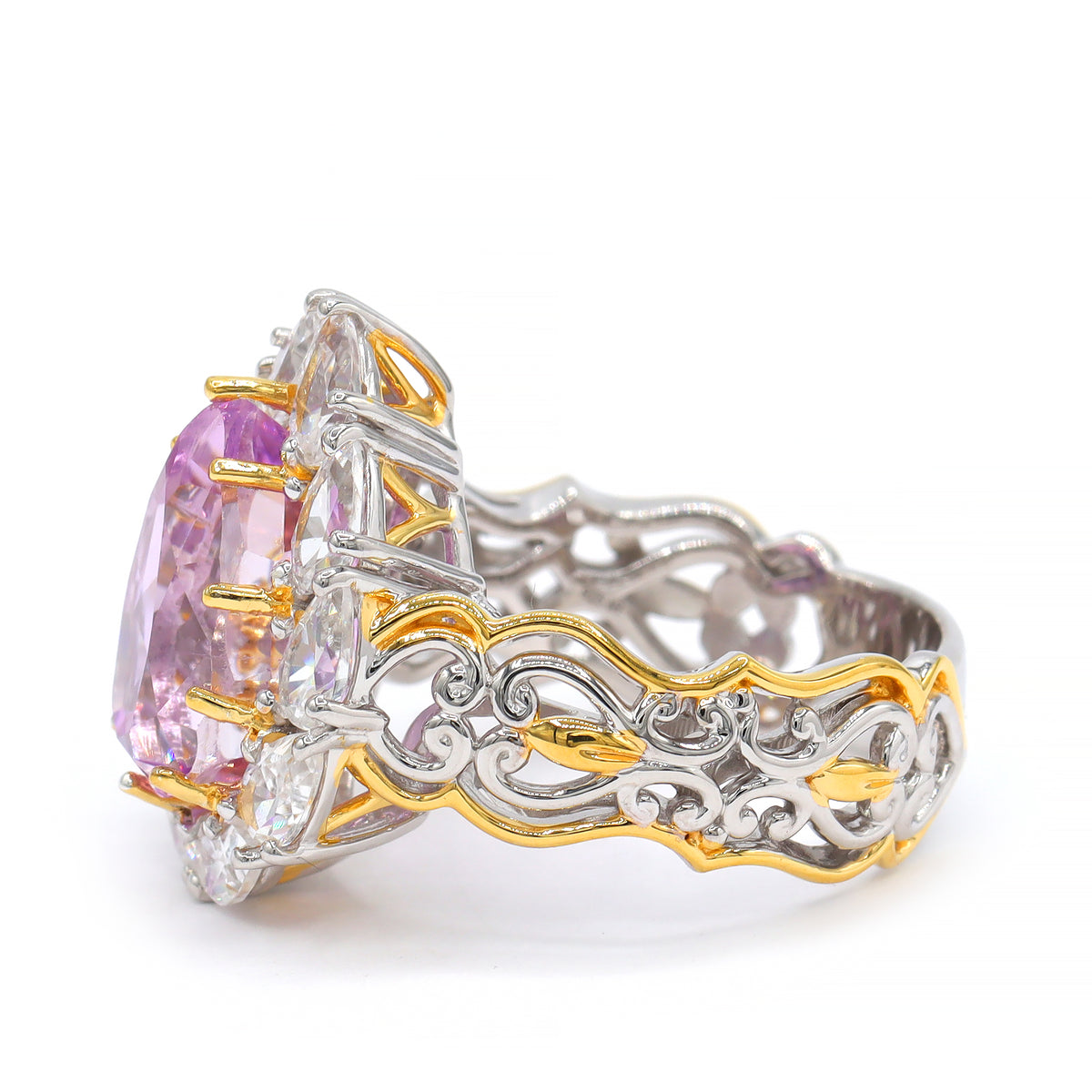 Gems en Vogue One-of-a-Kind 24K Palladium Silver 8.19ctw Pink Kunzite & White Zircon Halo Ring