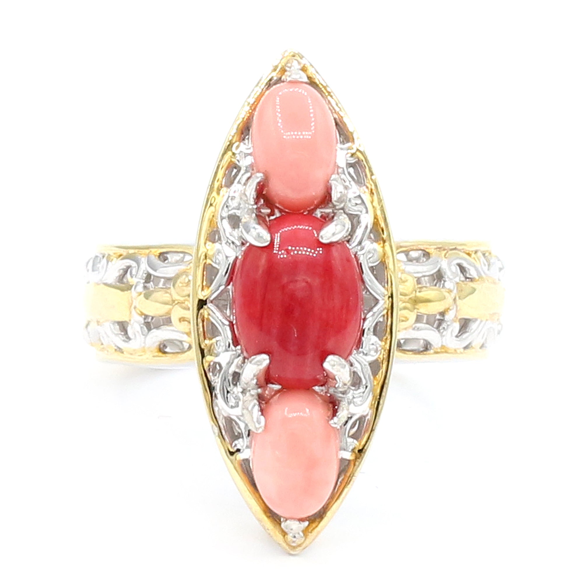 Gems en Vogue One-of-a-Kind 24K Palladium Silver Red & Pink Coral Three Stone Ring