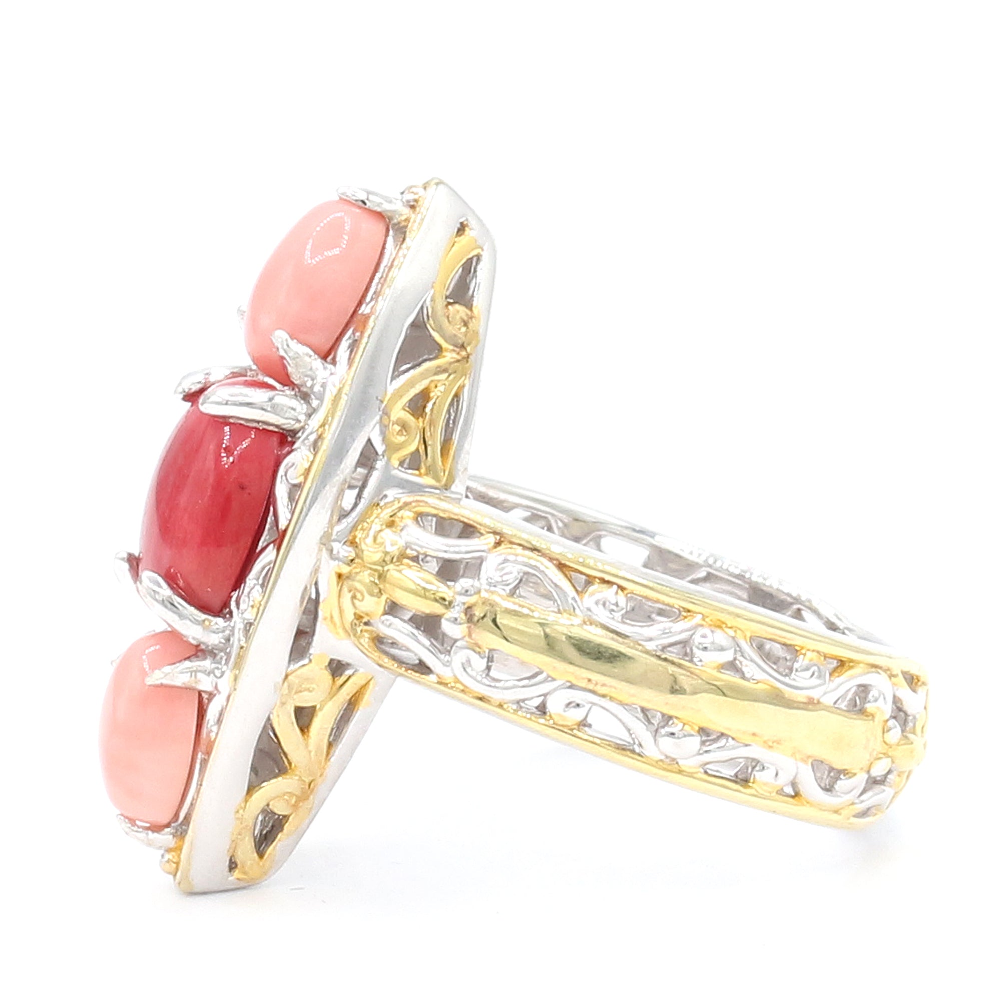 Gems en Vogue One-of-a-Kind 24K Palladium Silver Red & Pink Coral Three Stone Ring