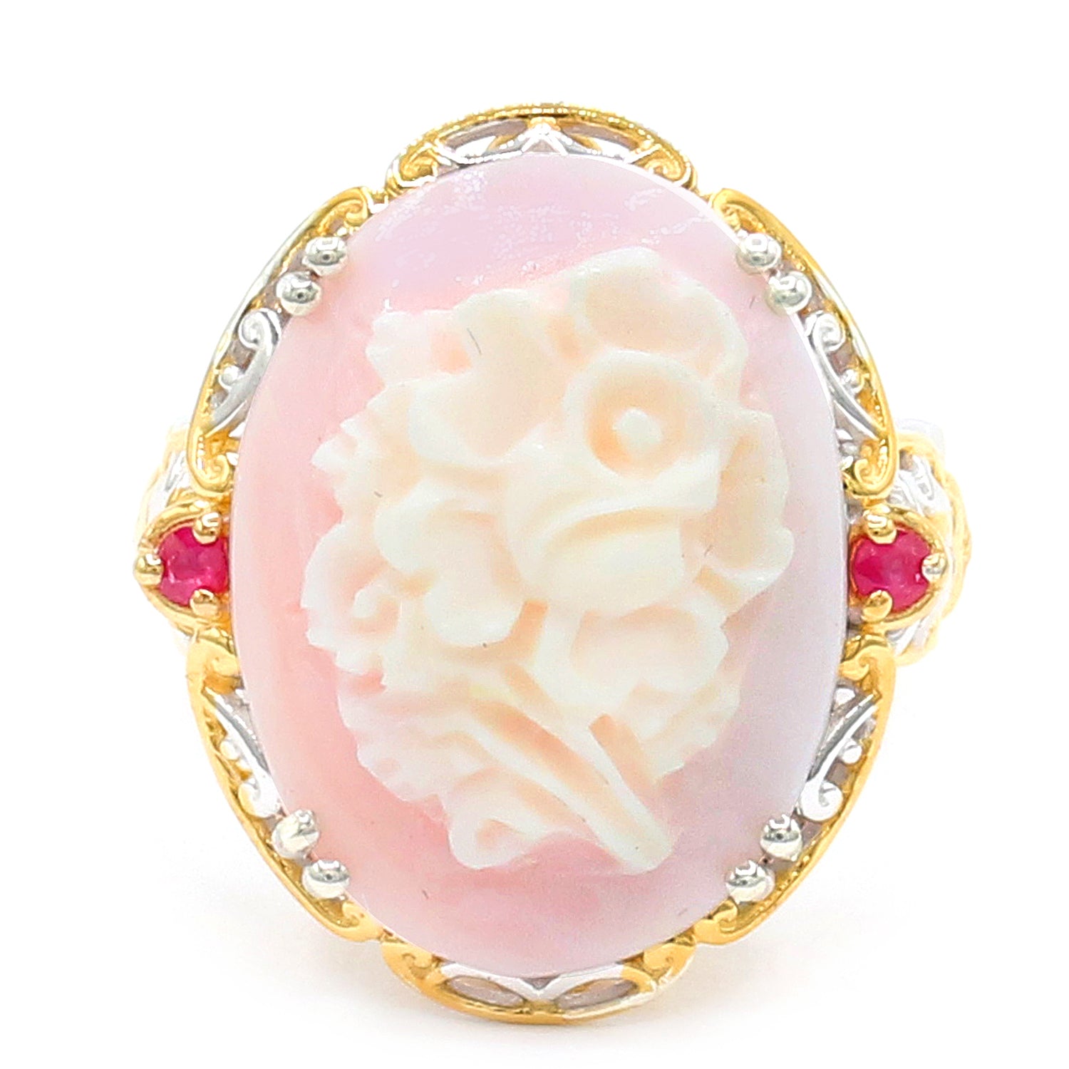 Gems en Vogue Carved Pink Cameo Choice of Flower & Ruby Ring