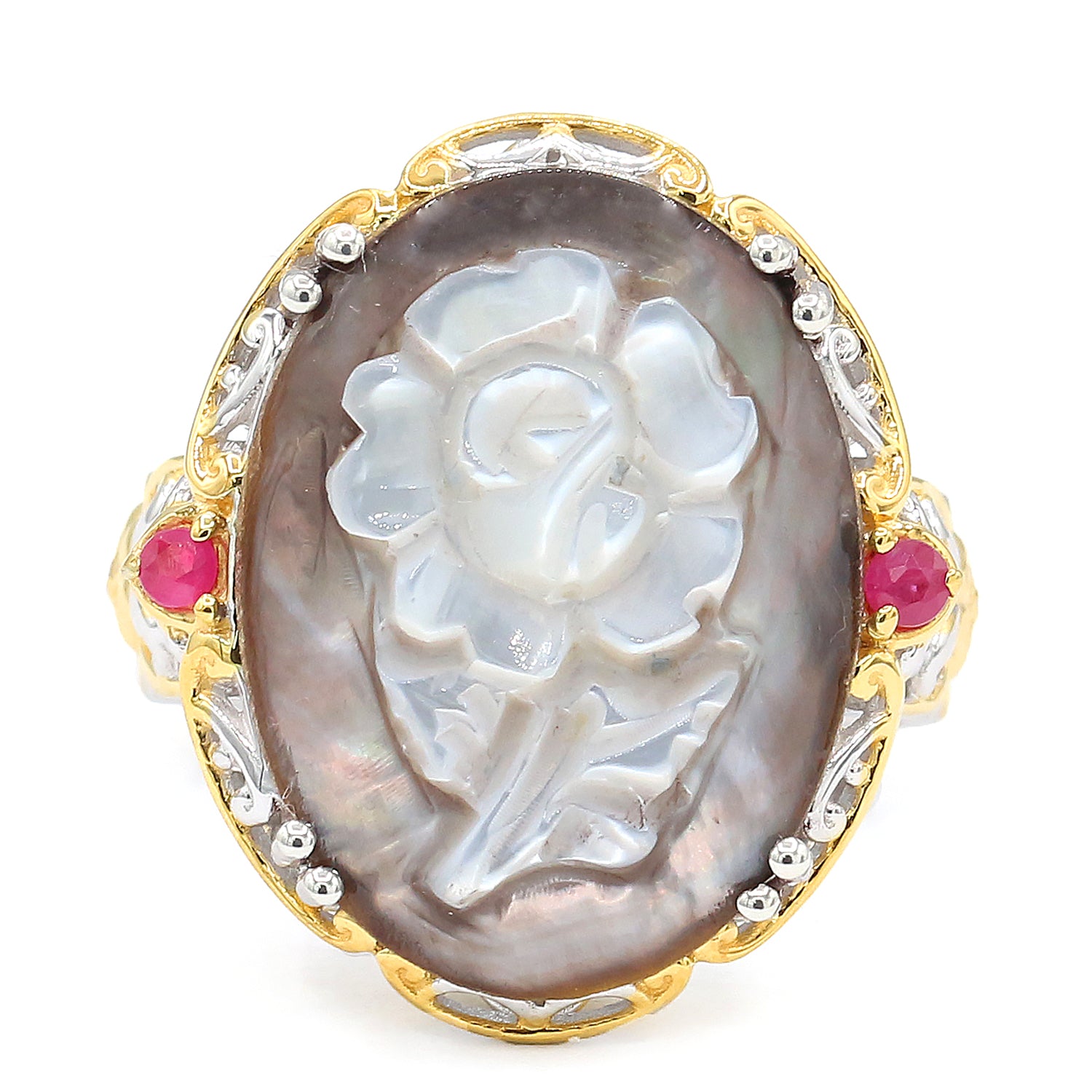 Gems en Vogue Tahitian Shell Cameo & Ruby Flower Ring