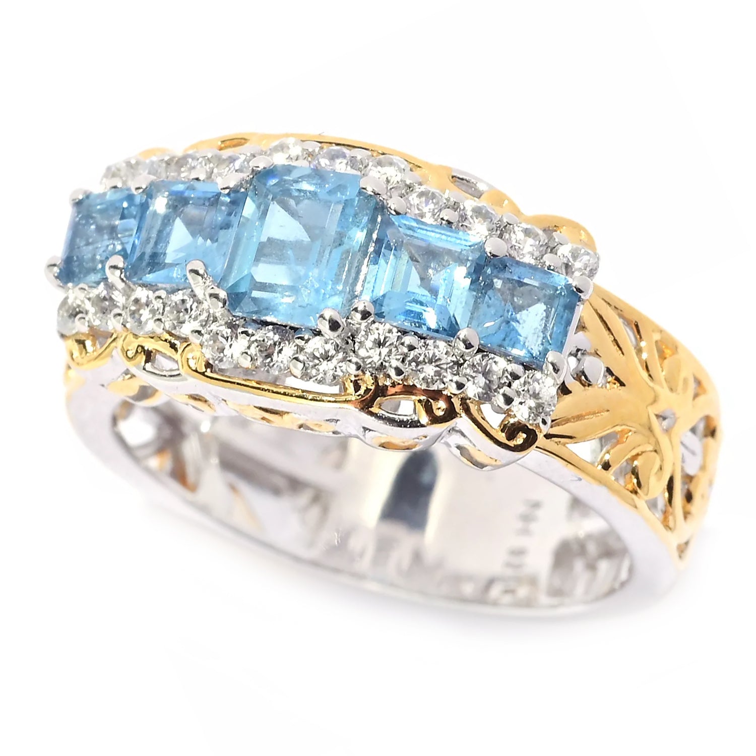 Gems en Vogue 1.58ctw Tanzanian Aquamarine & White Zircon Five Stone Band Ring