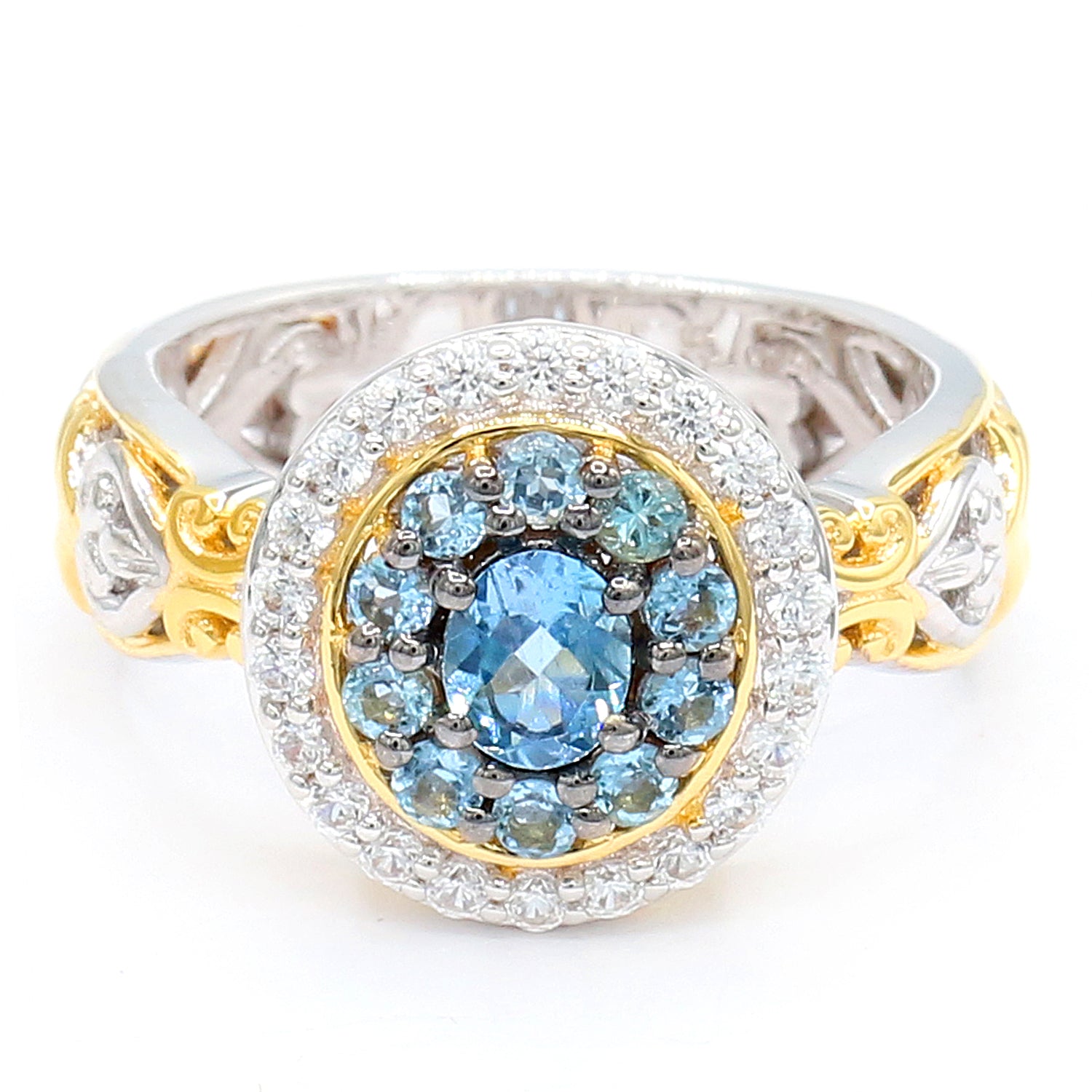 Gems en Vogue 1.35ctw Tanzanian Aquamarine & White Zircon Double Halo Ring