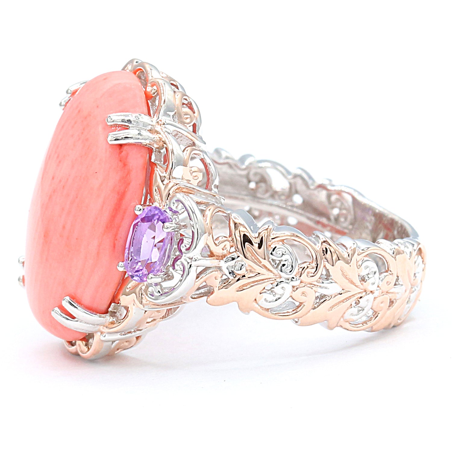 Gems en Vogue Pink Coral & Brazilian Amethyst Ring