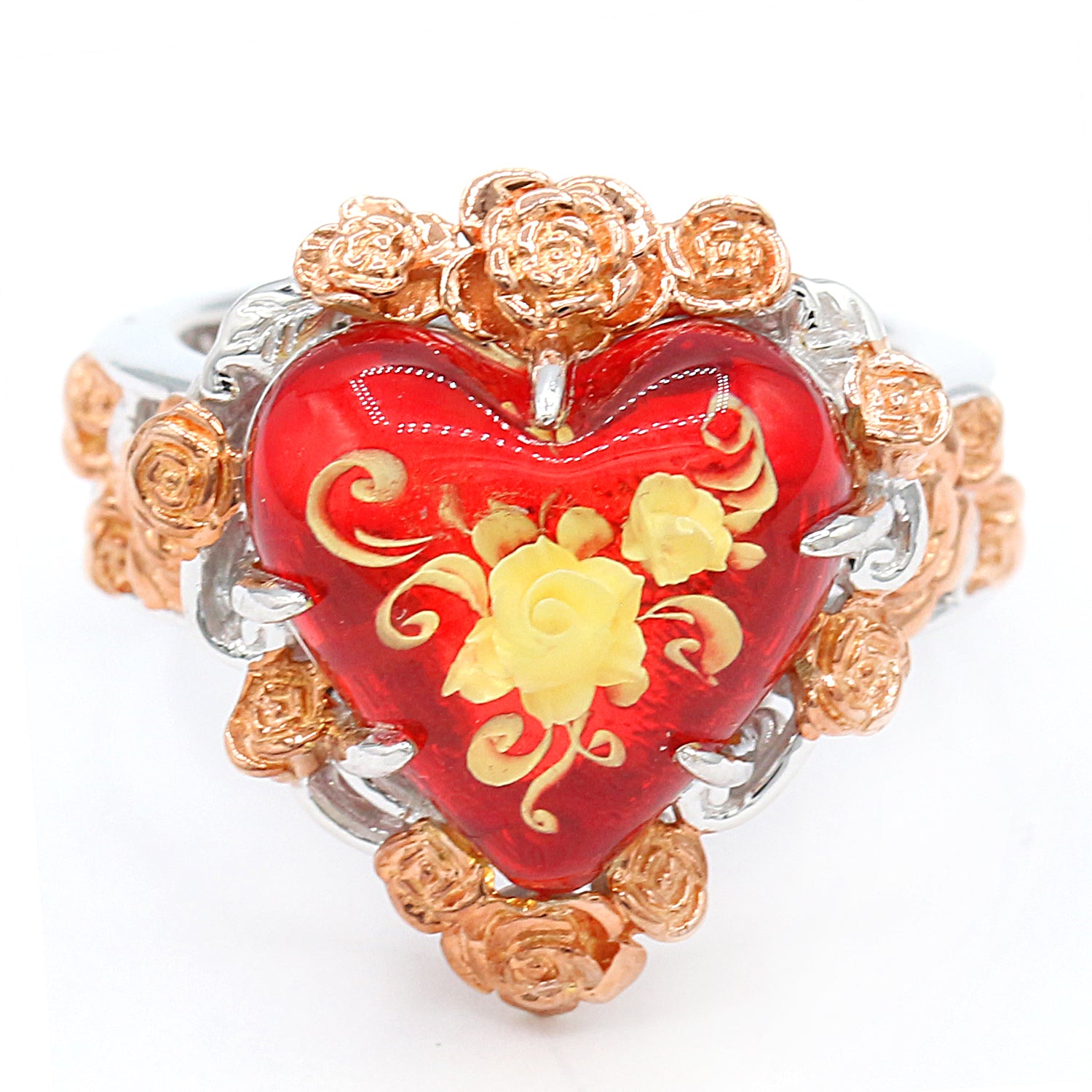 Gems en Vogue 18K Palladium Silver Carved Red Amber Rose Flower Heart Ring